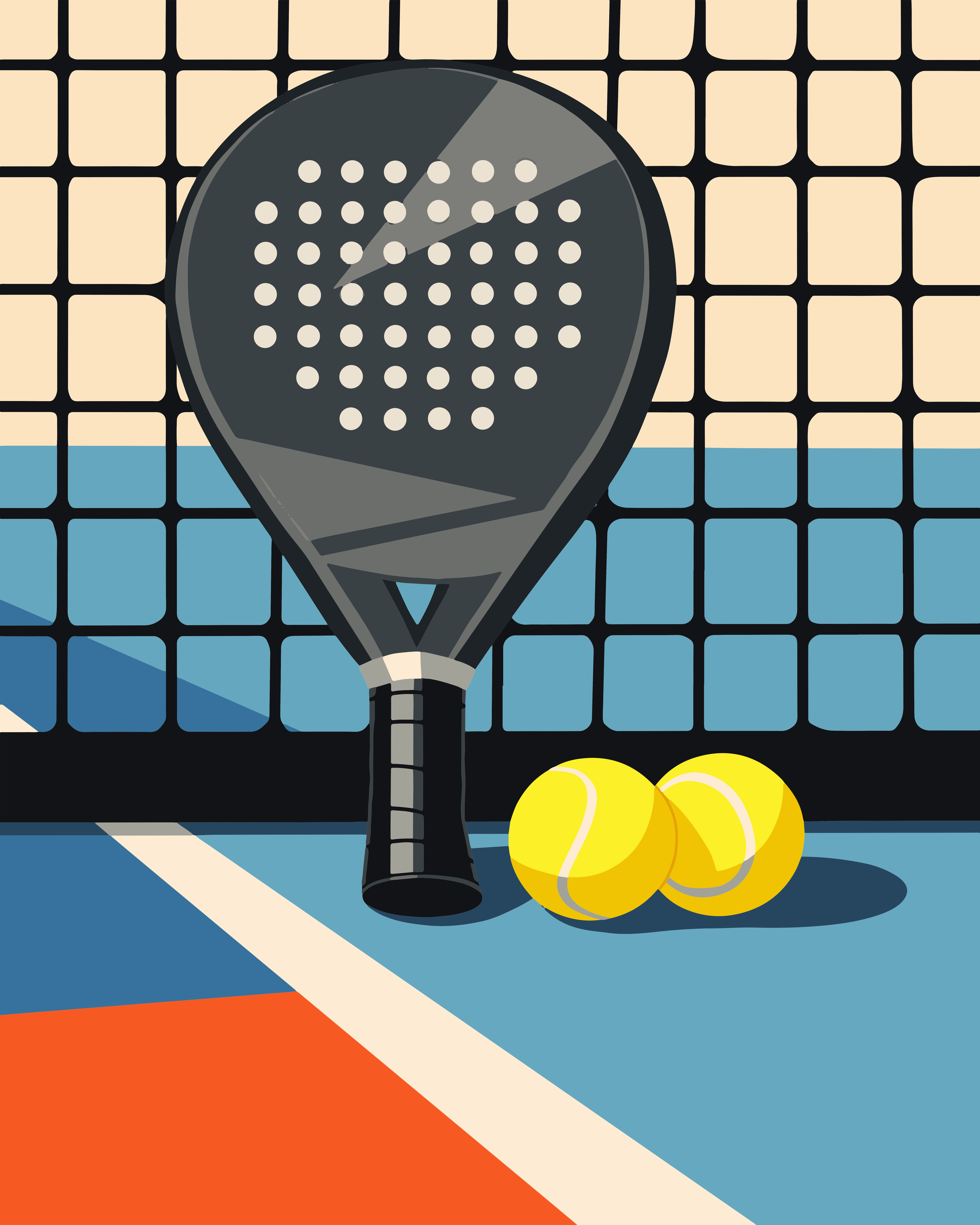 Raqueta de padel y pelotas en la pista cerca de la portería