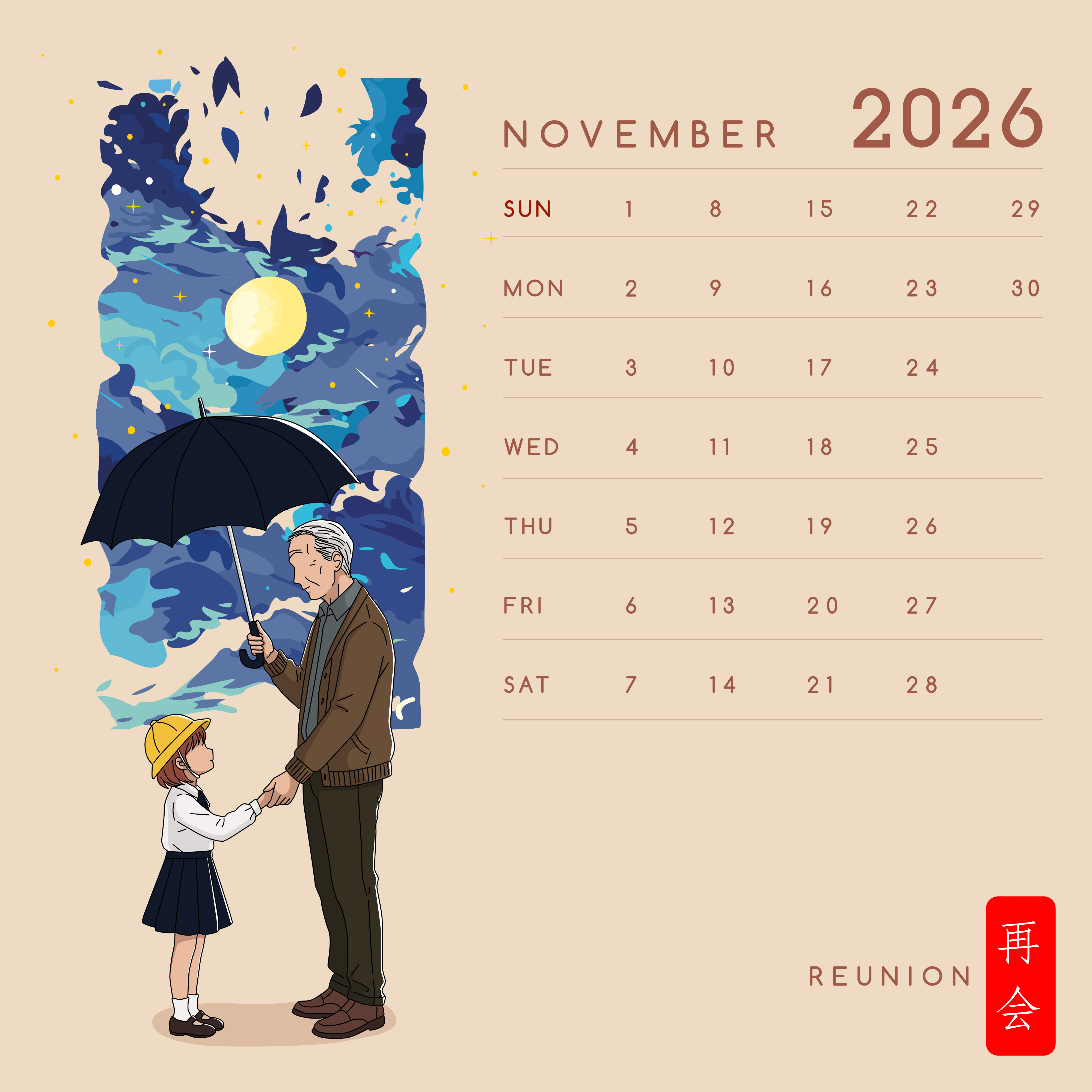 Grandfather and granddaughter share umbrella under moonlit moon.