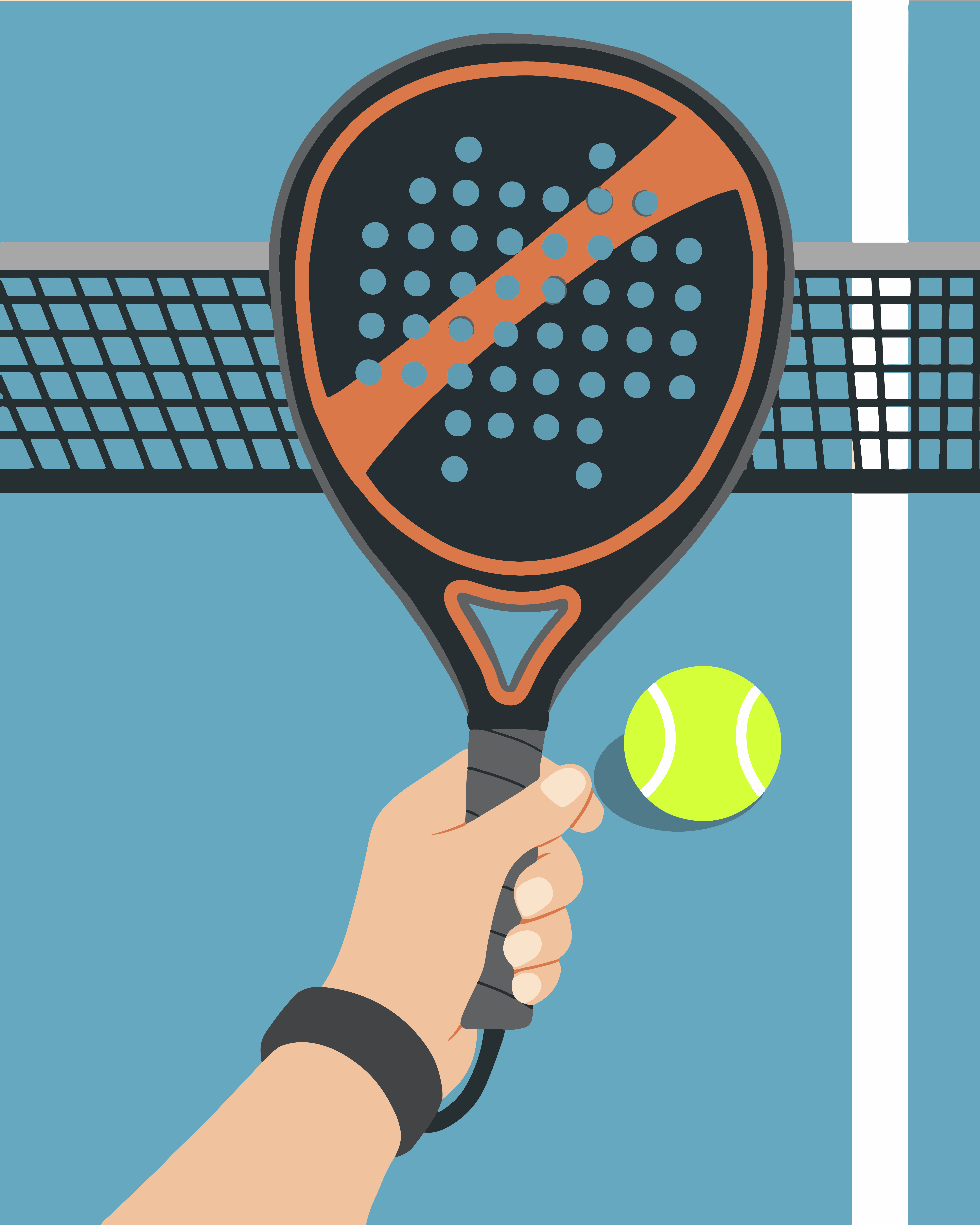 Hand holding a padel racket with a ball.