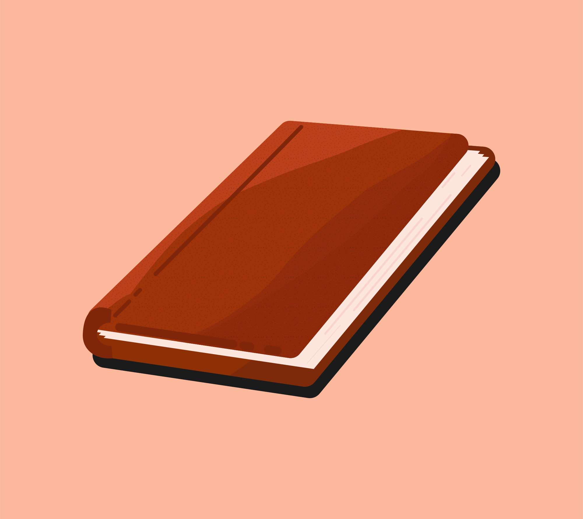 A closed brown book on a peach background