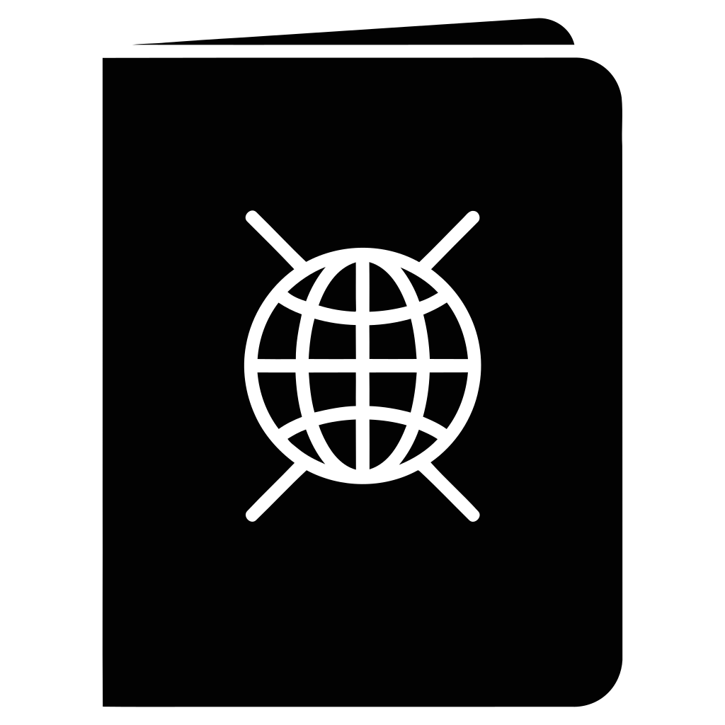 Black passport with globe icon and crossed lines icon.