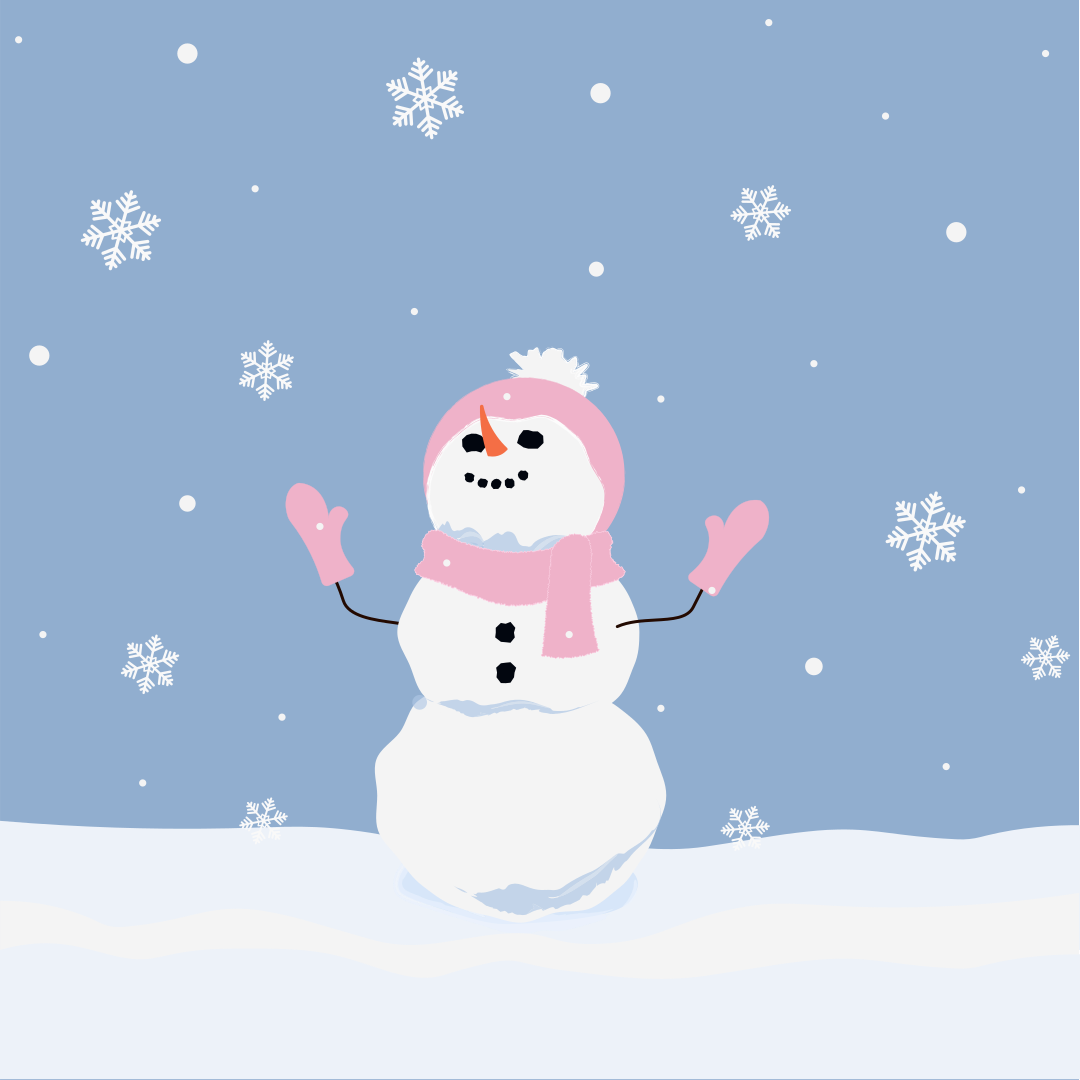 A cheerful snowman wears a pink hat and scarf.