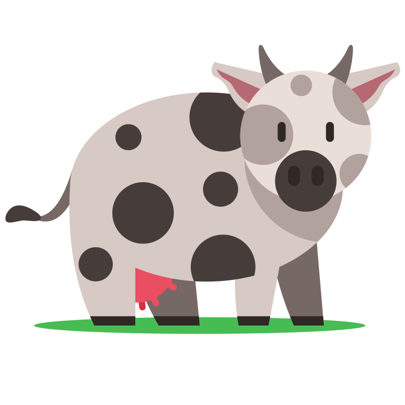 A cartoon cow with black spots stands on grass.