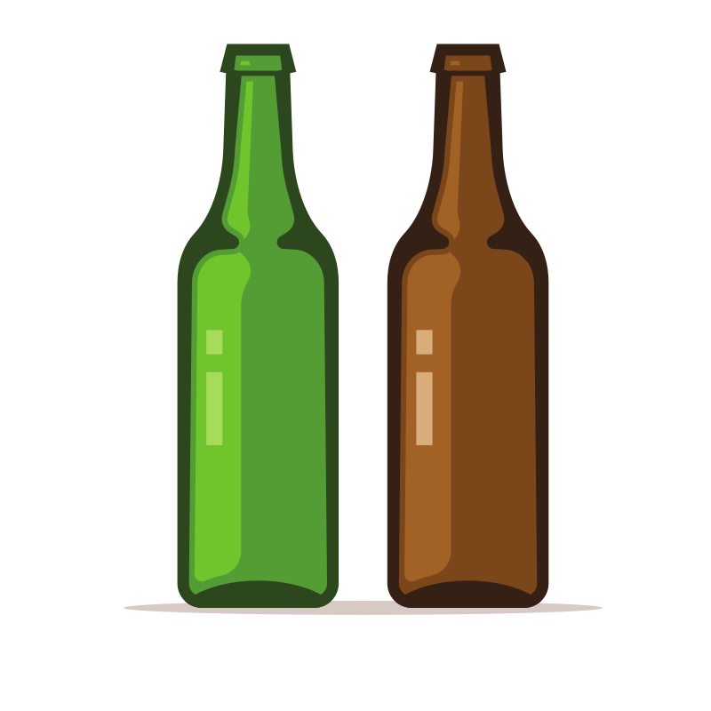 Two empty beer bottles, green and brown.