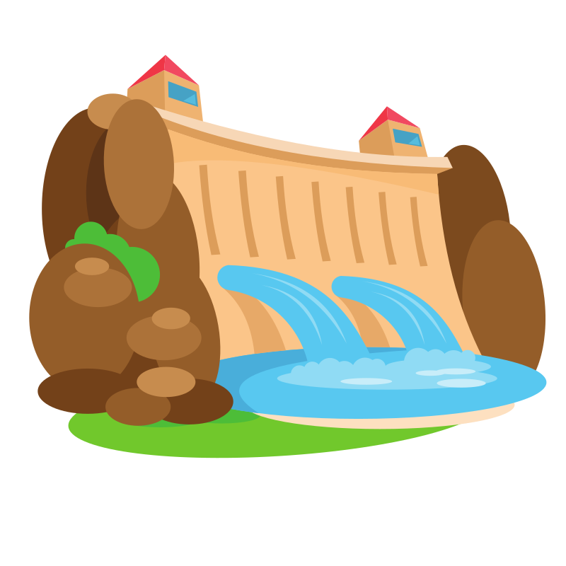 A cartoon dam with water flowing through
