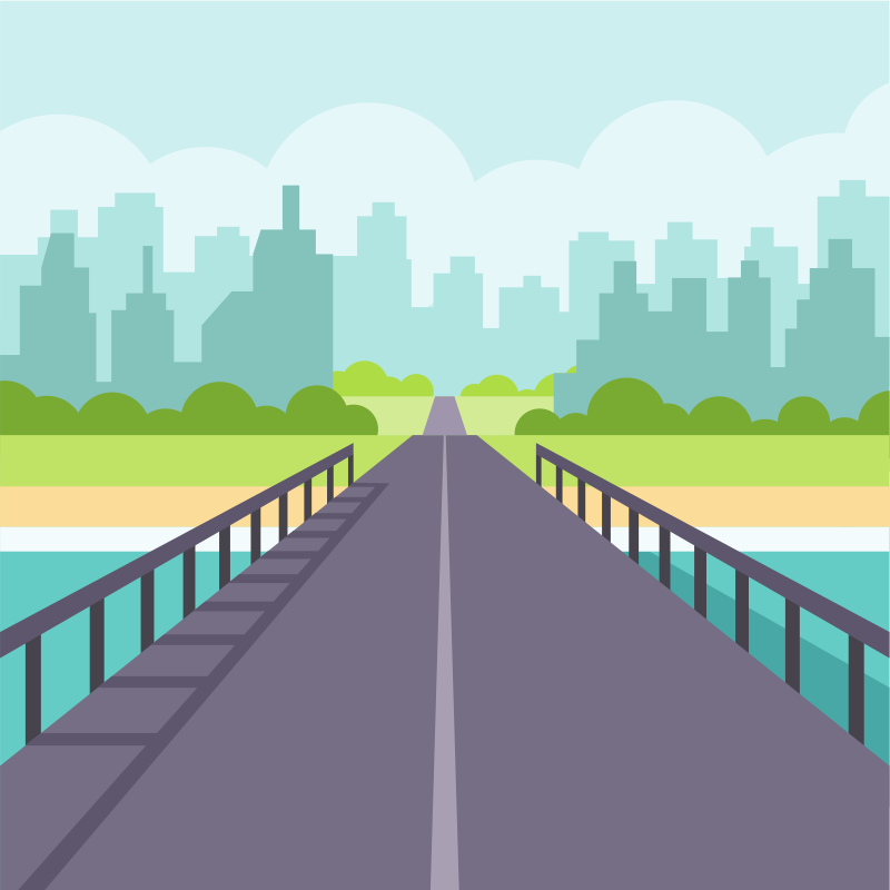 Road leading to a city skyline with green landscape