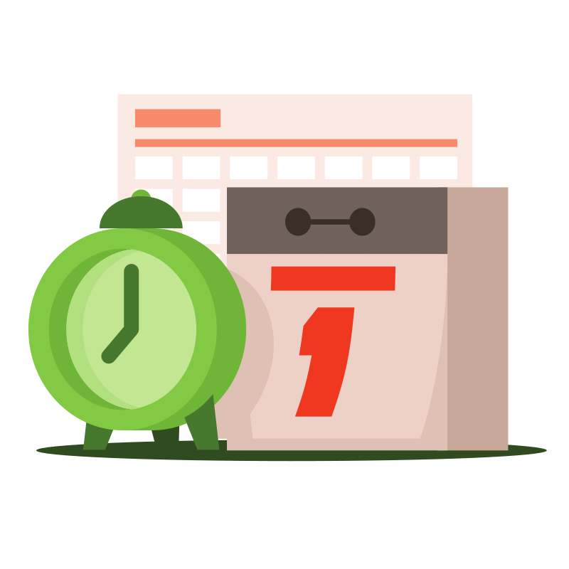 Despertador verde y calendario con el número uno.