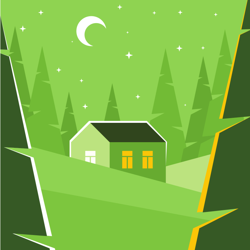 Une petite maison nichée parmi les arbres sous un croissant de lune.