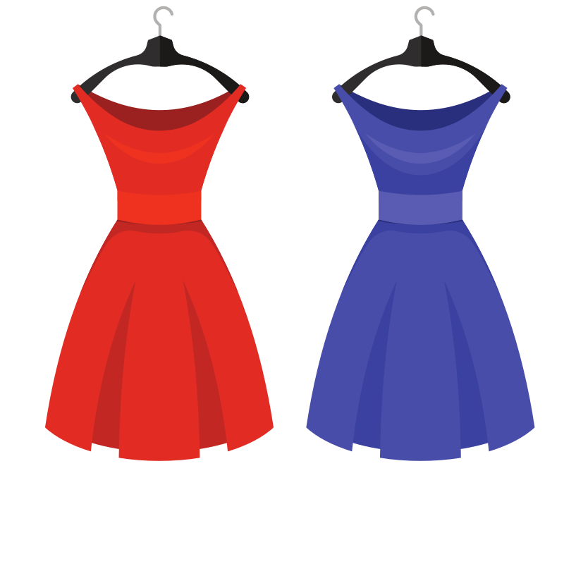 Two dresses, one red and one blue, on hangers.