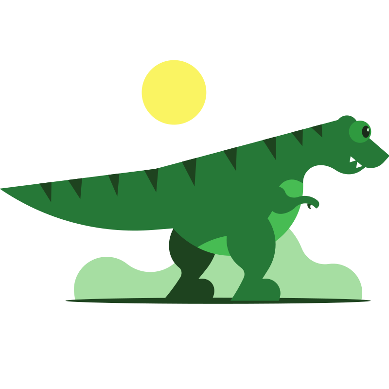 A green cartoon tyrannosaurus rex dinosaur walks.