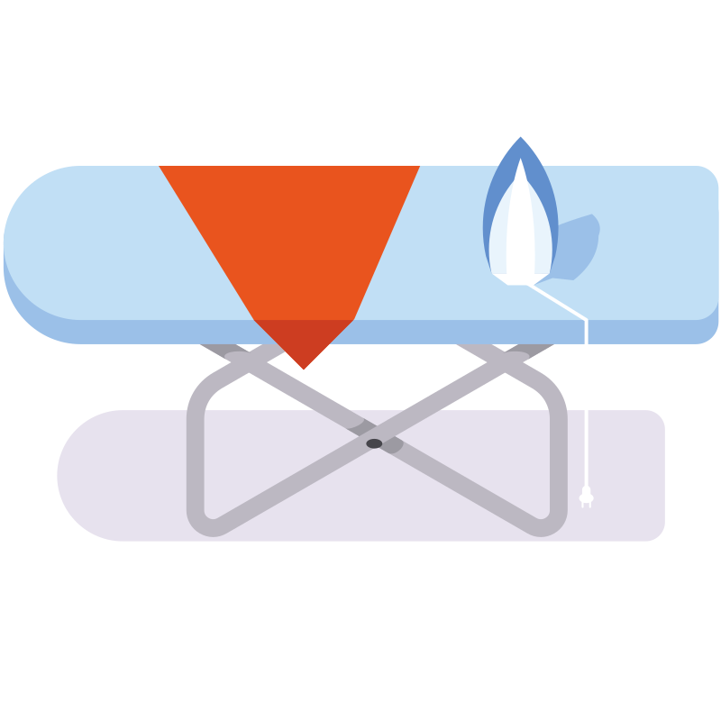 Ironing board with orange cloth and iron