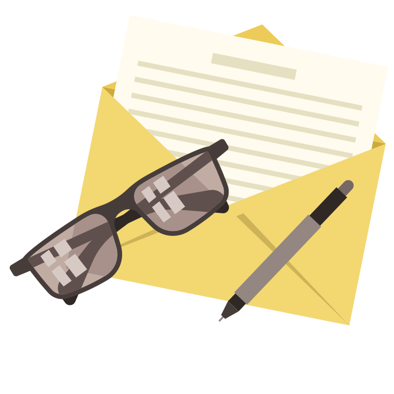 Glasses and pen next to an open envelope with letter.