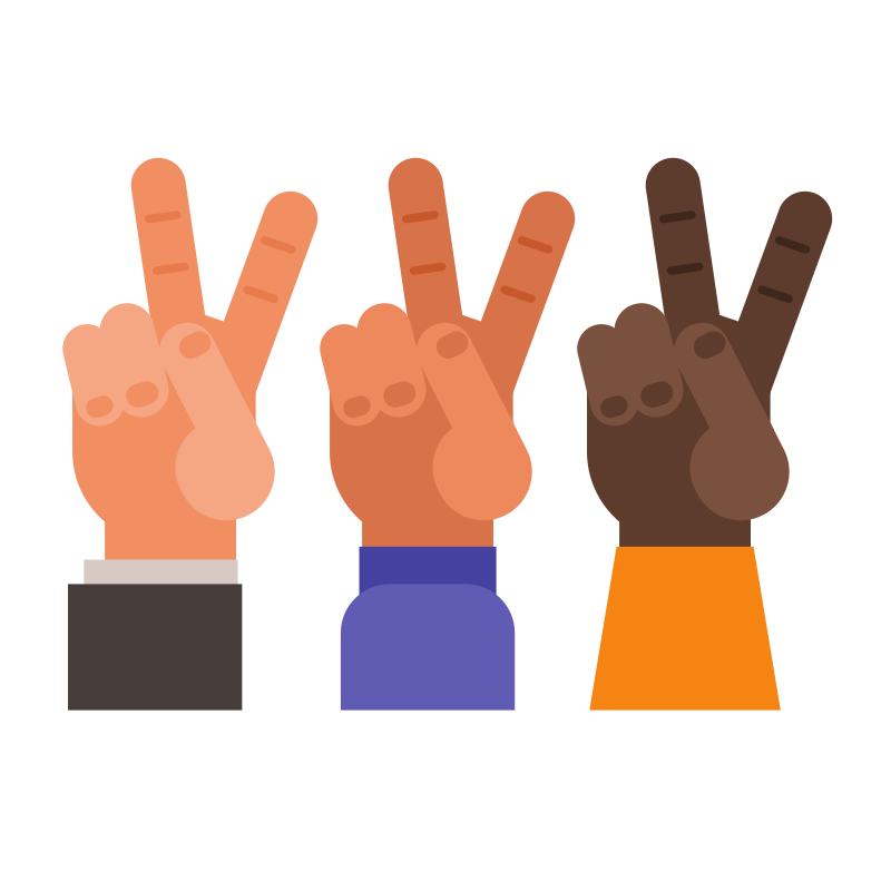 Three hands showing the peace sign with different skin tones.