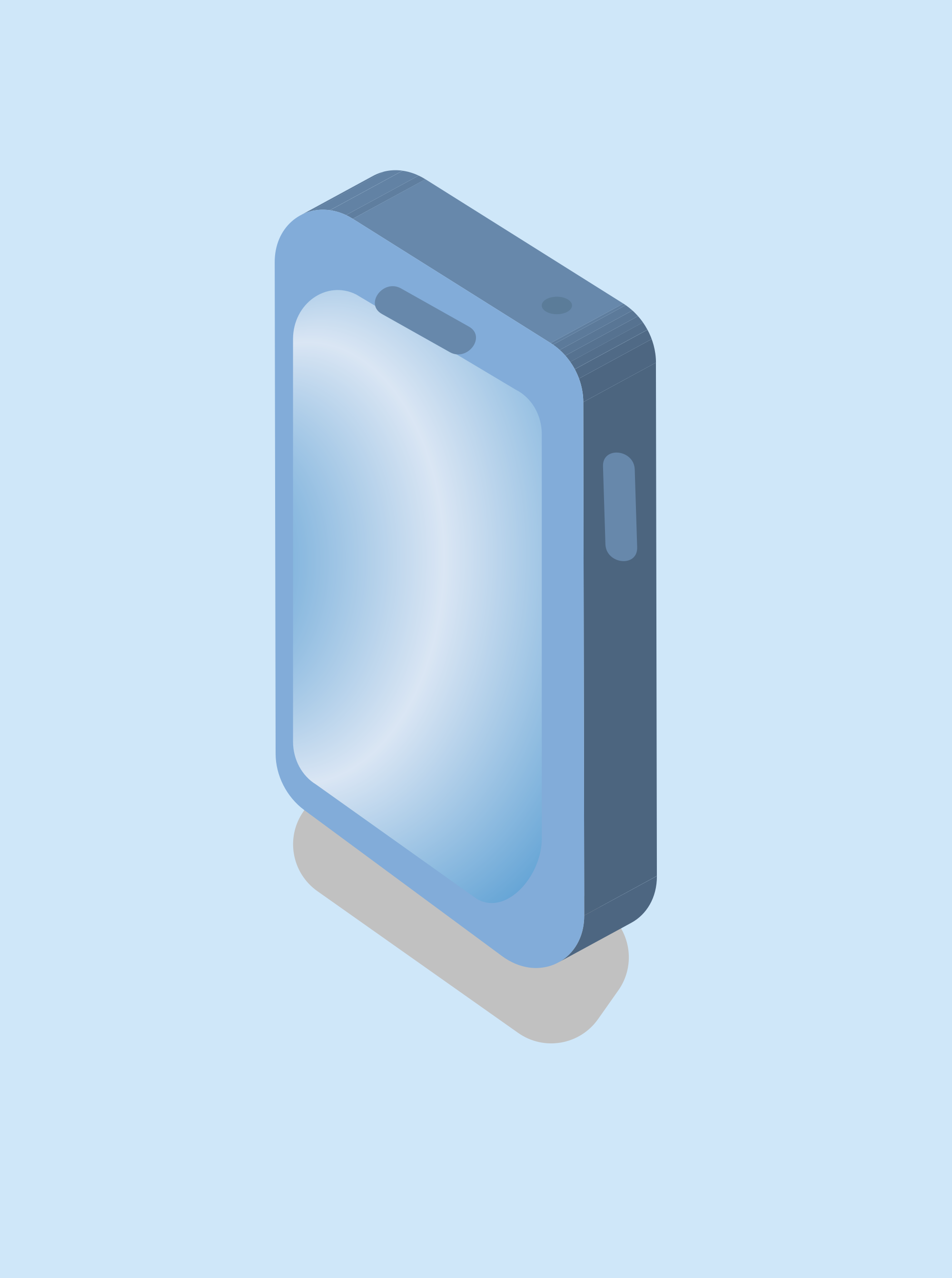 A blue smartphone on a light blue background.