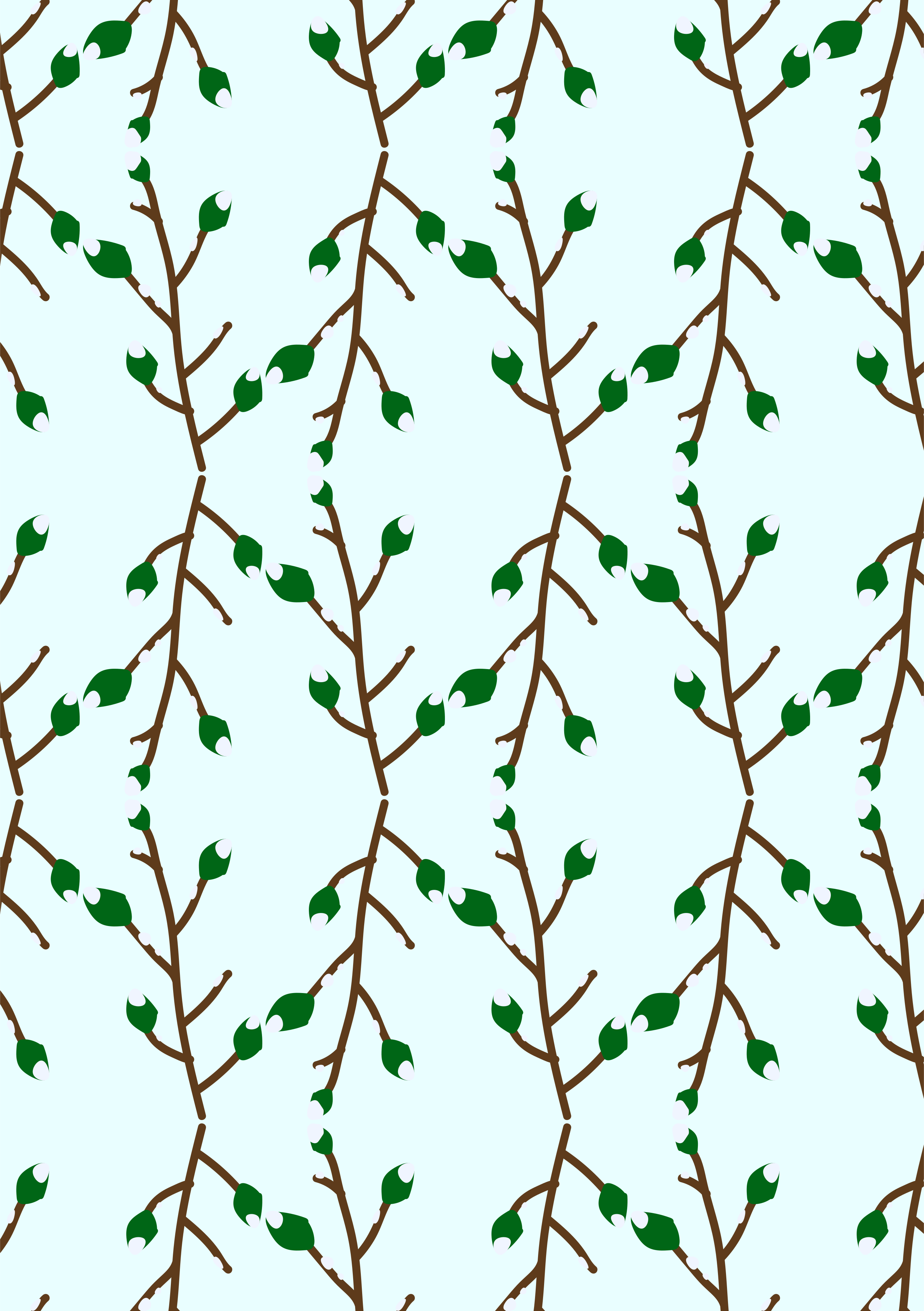 Galhos marrons com folhas verdes sobre fundo azul claro