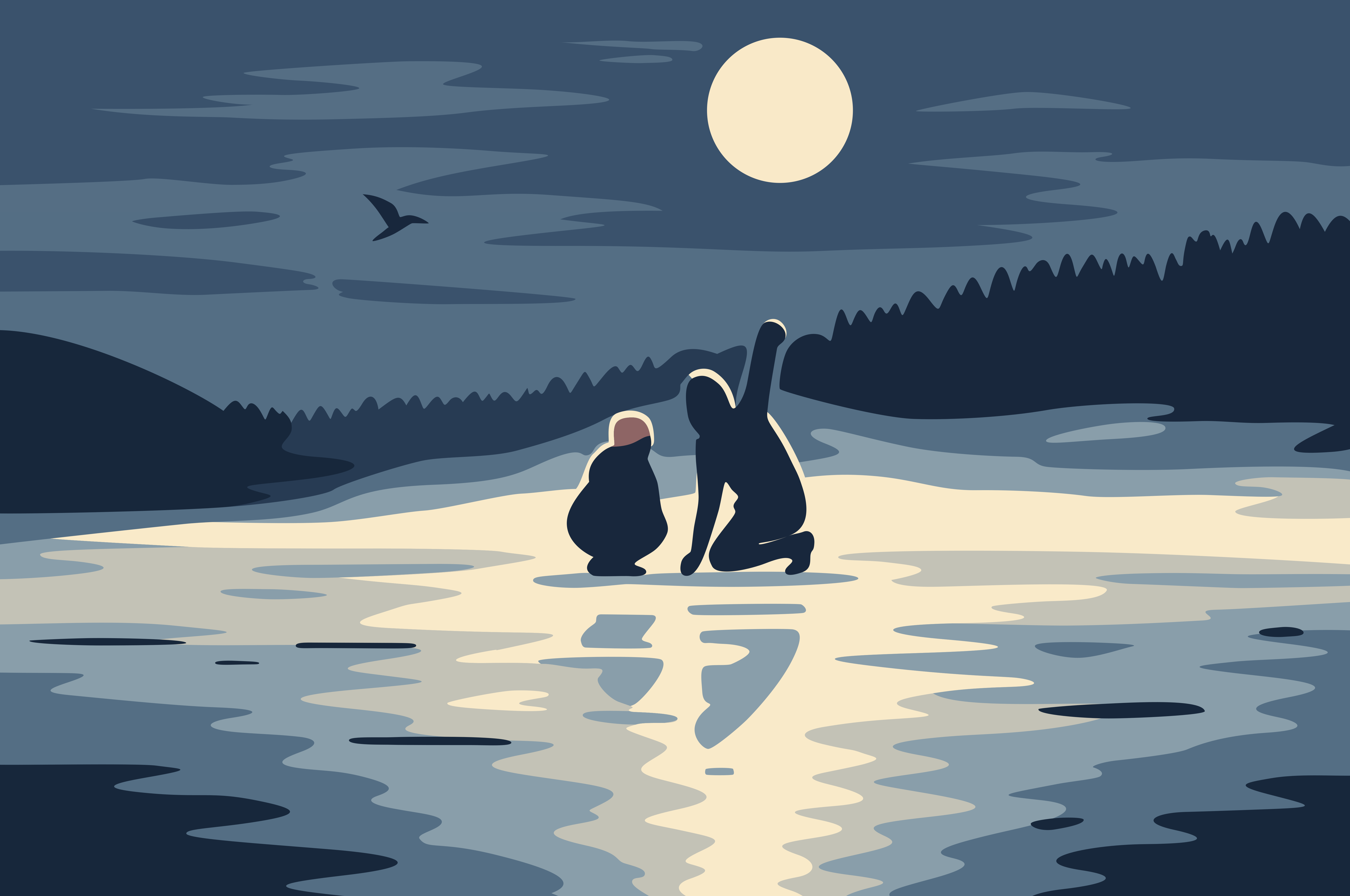 Two figures gaze at the full moon over water.