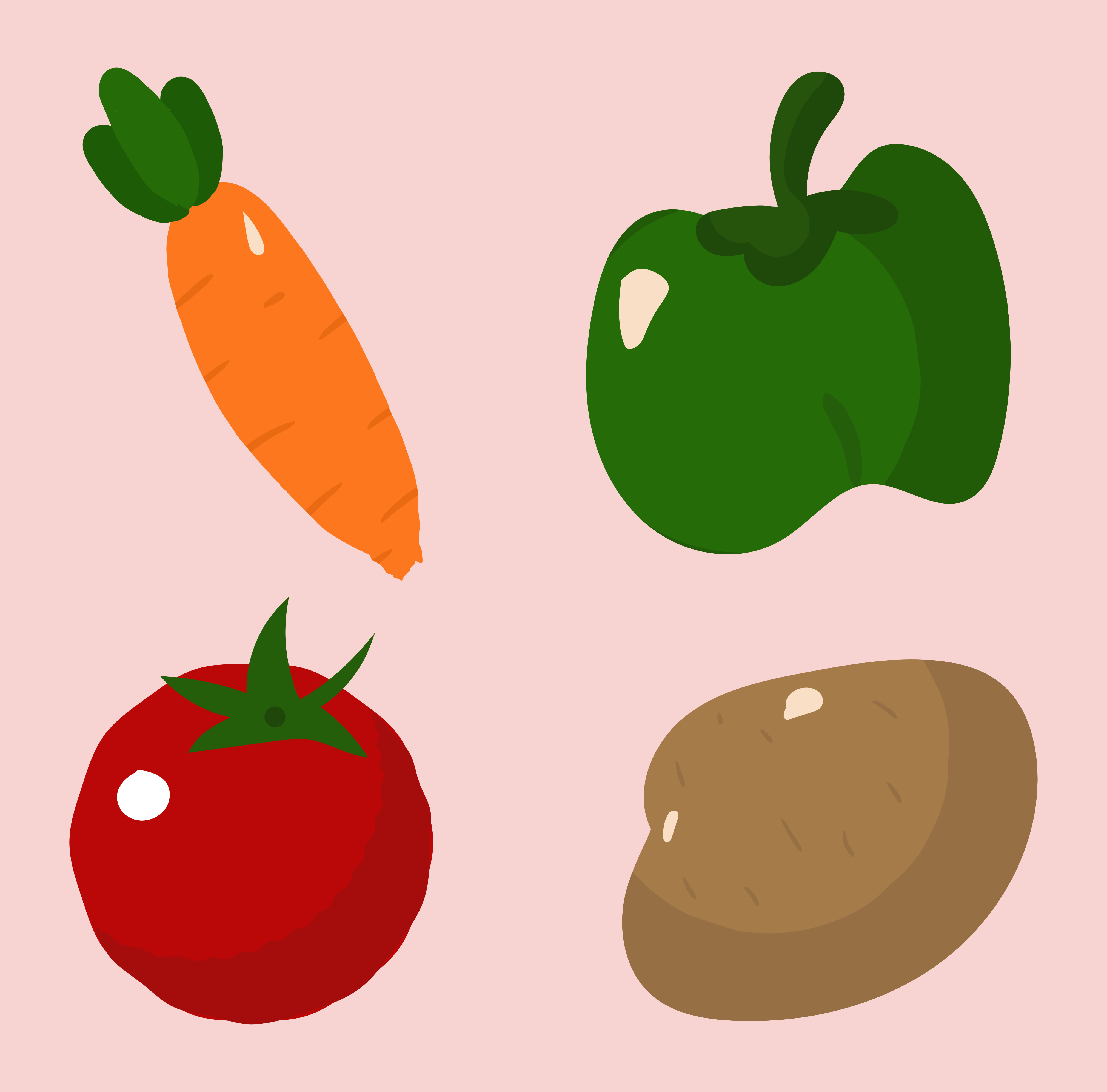 Carrot, bell pepper, tomato, and potato on pink background