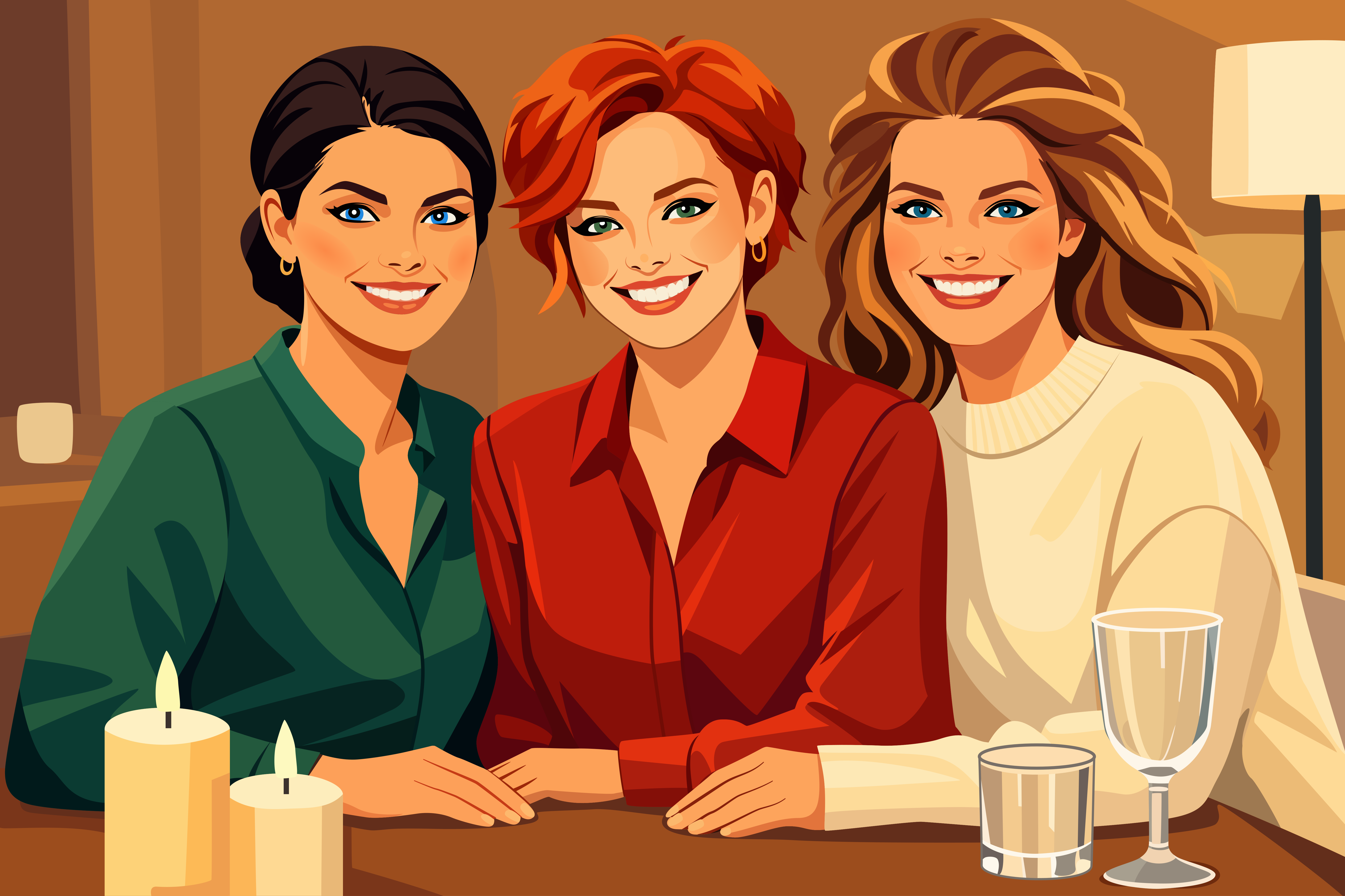 Drei lächelnde Frauen sitzen an einem Tisch mit Kerzen.