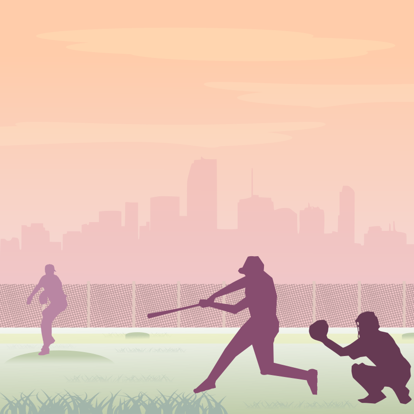 夕暮れ時の市の公園に見える野球選手のシルエット