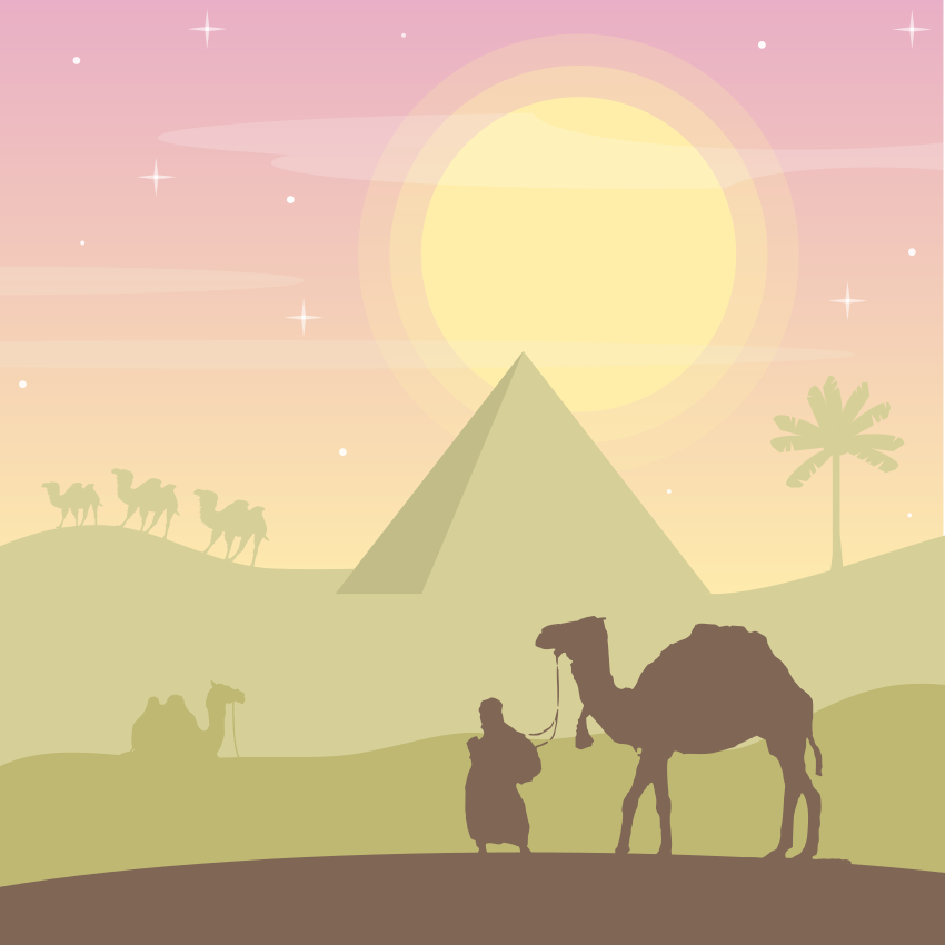 Camels and a figure in a desert landscape with pyramids.