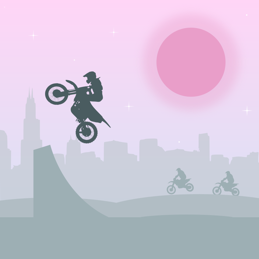 Silhouette of a motocross rider performing a jump at sunset.