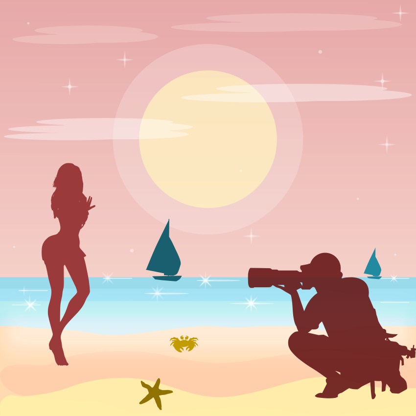 Photographer taking picture of model on beach at sunset