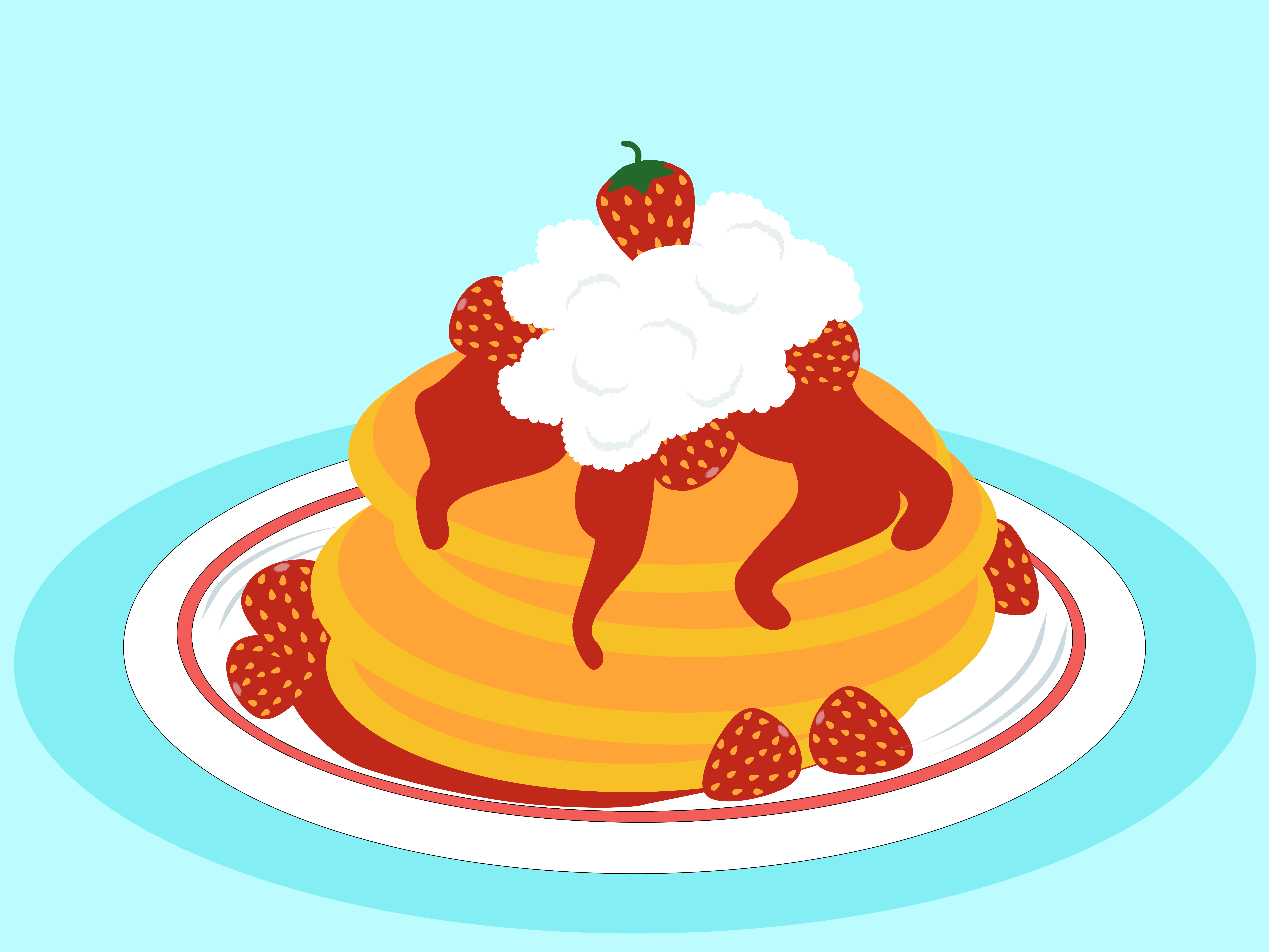 Stack of pancakes with strawberries and whipped cream.