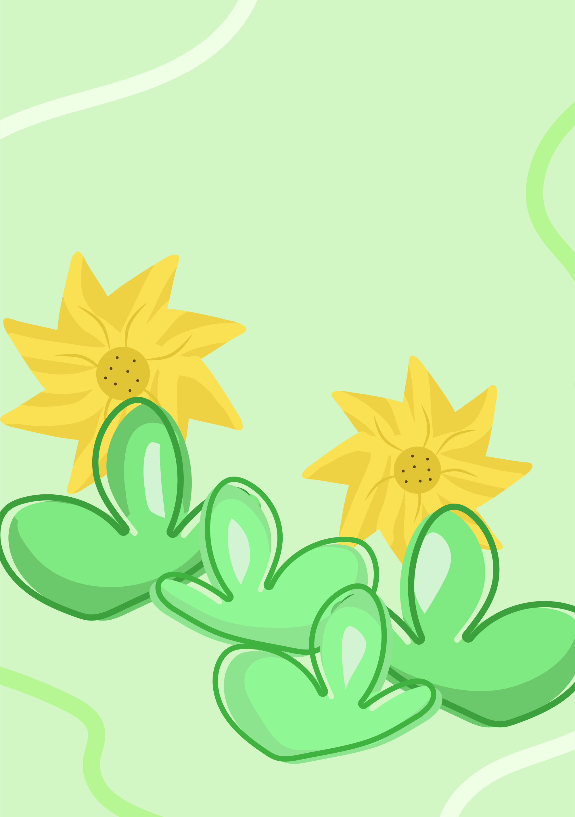 Stylized yellow flowers and green leaves on light green background.
