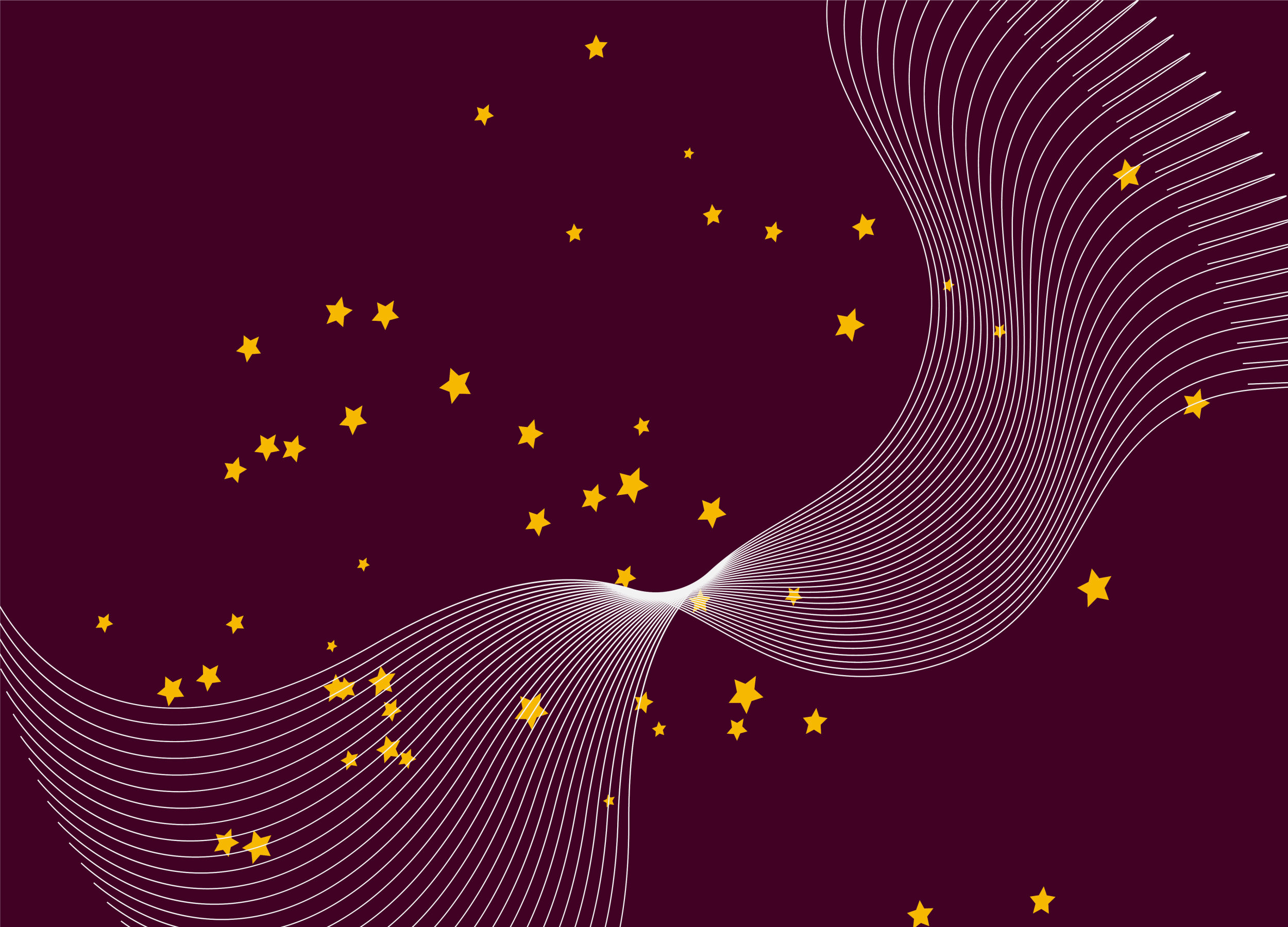 Gold stars on a deep purple background with white waves