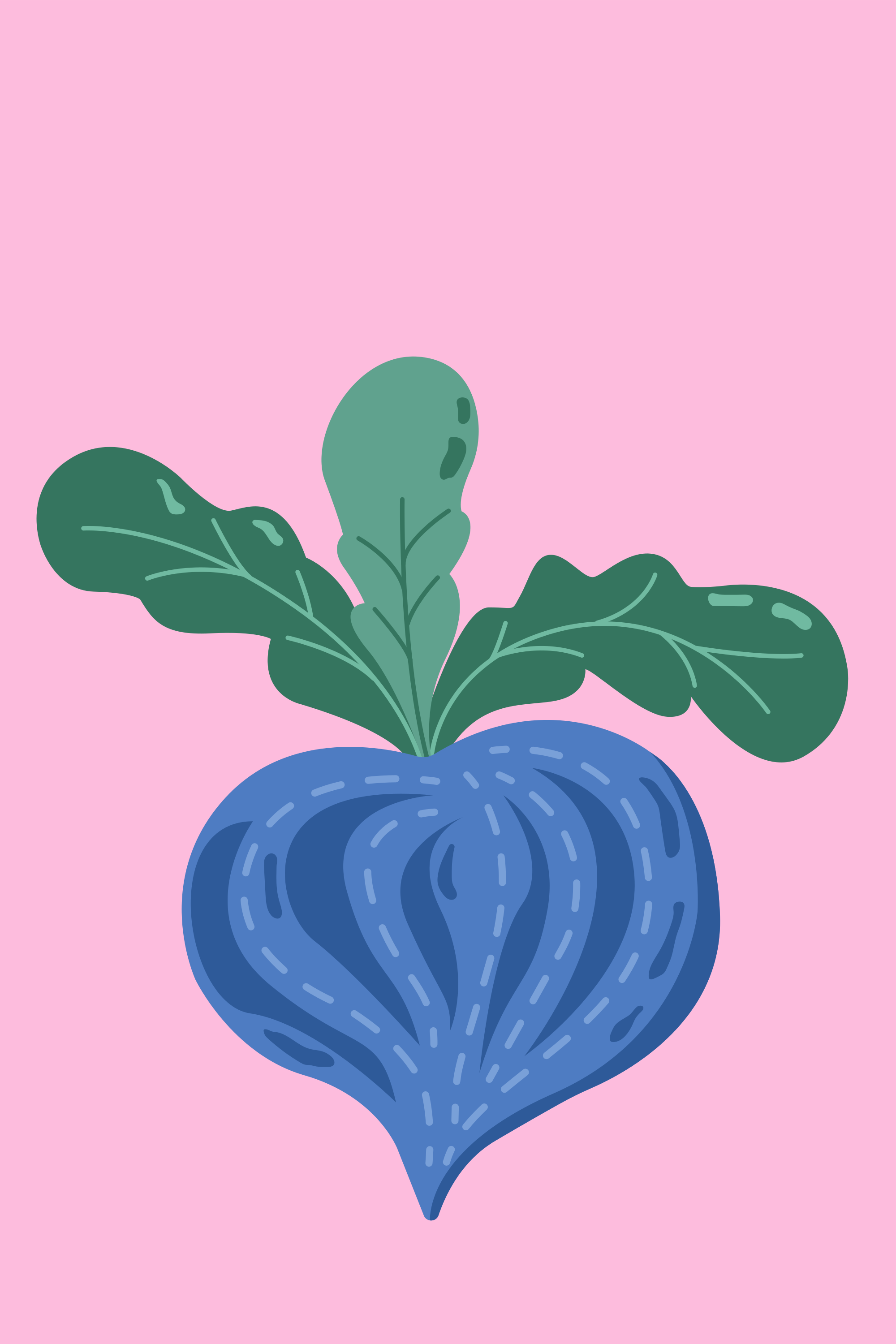 Uma beterraba azul com folhas verdes sobre fundo rosa