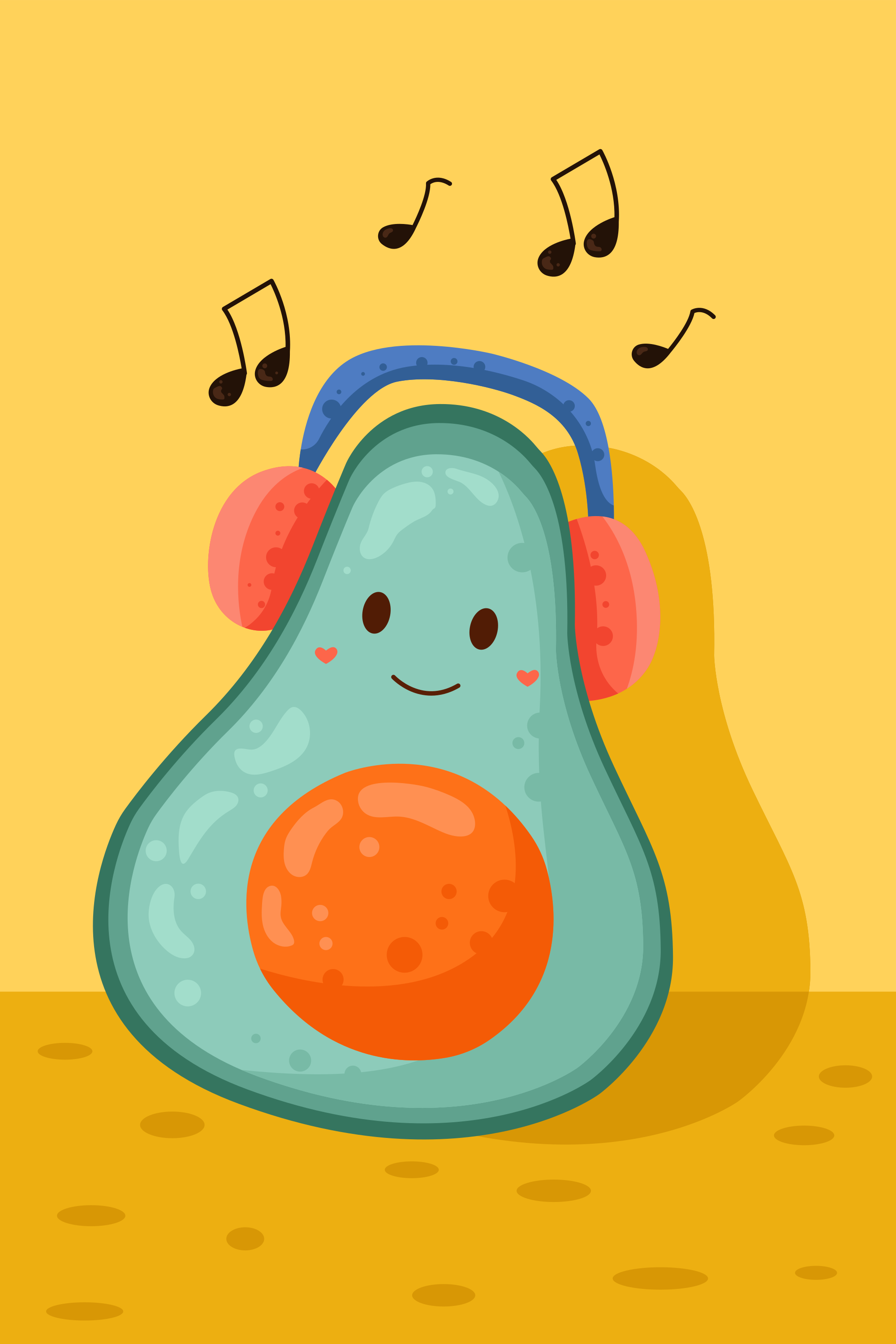 Sebuah alpukat kartun mengenakan headphone dan mendengarkan musik.