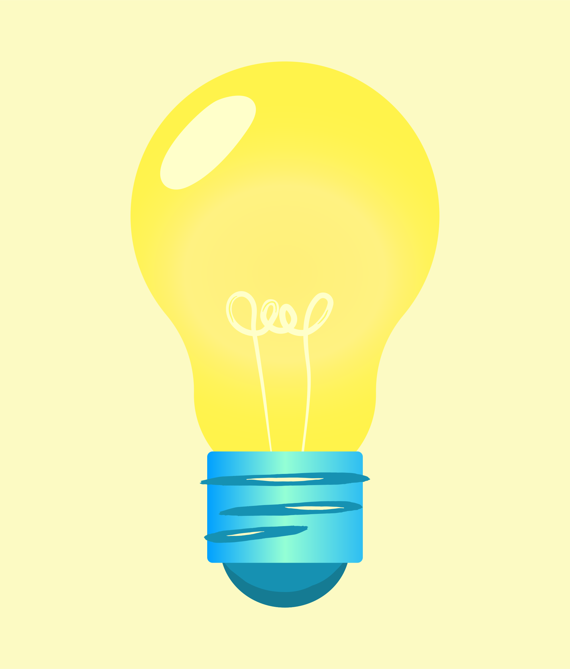 A glowing yellow light bulb with a blue base.