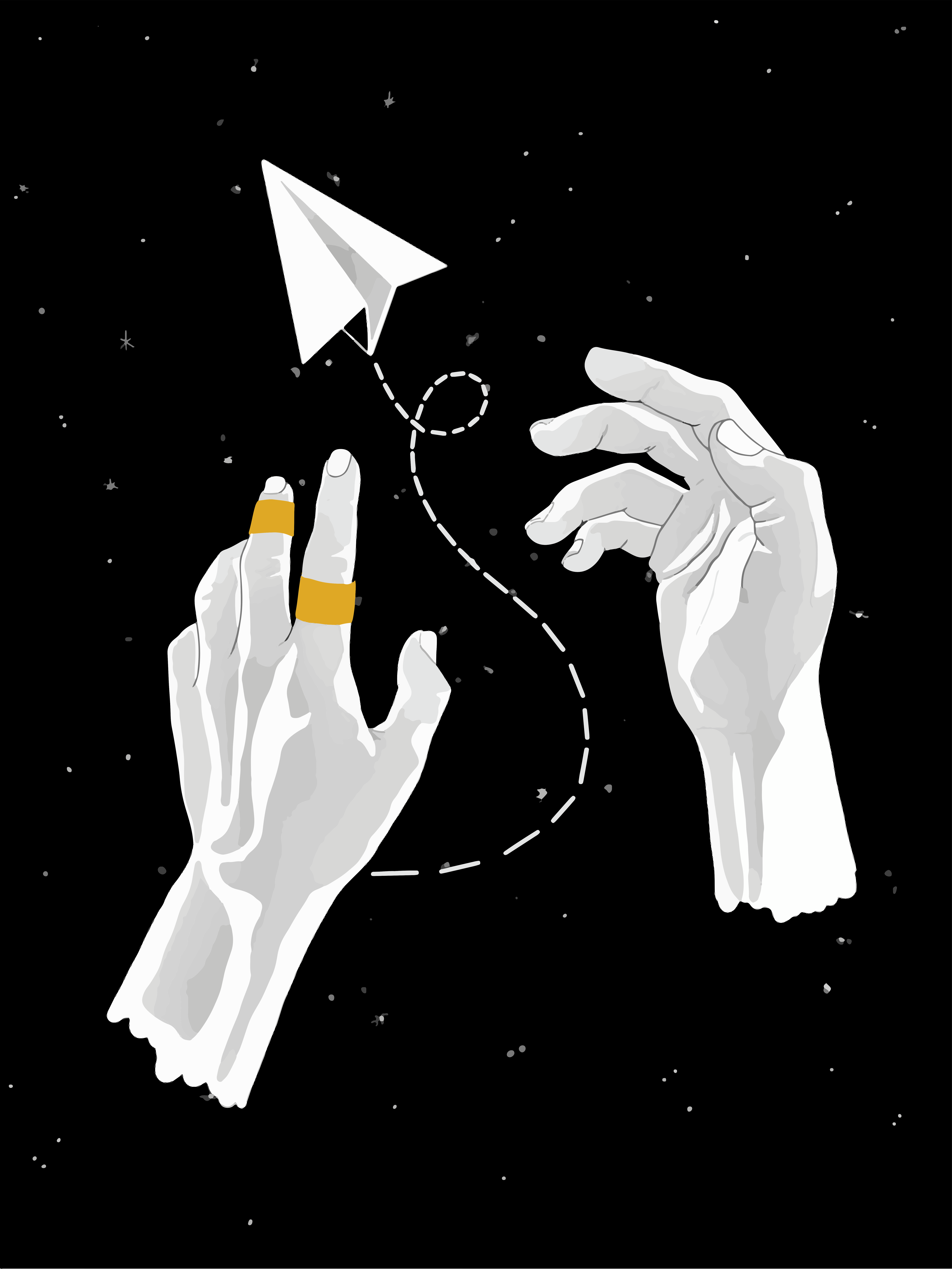 Hands reaching for a paper airplane in starry night.