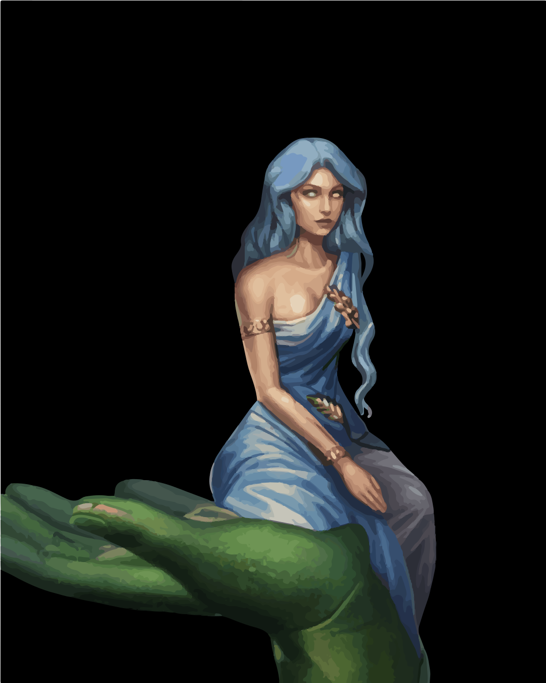 A woman with blue hair sits on a green hand.