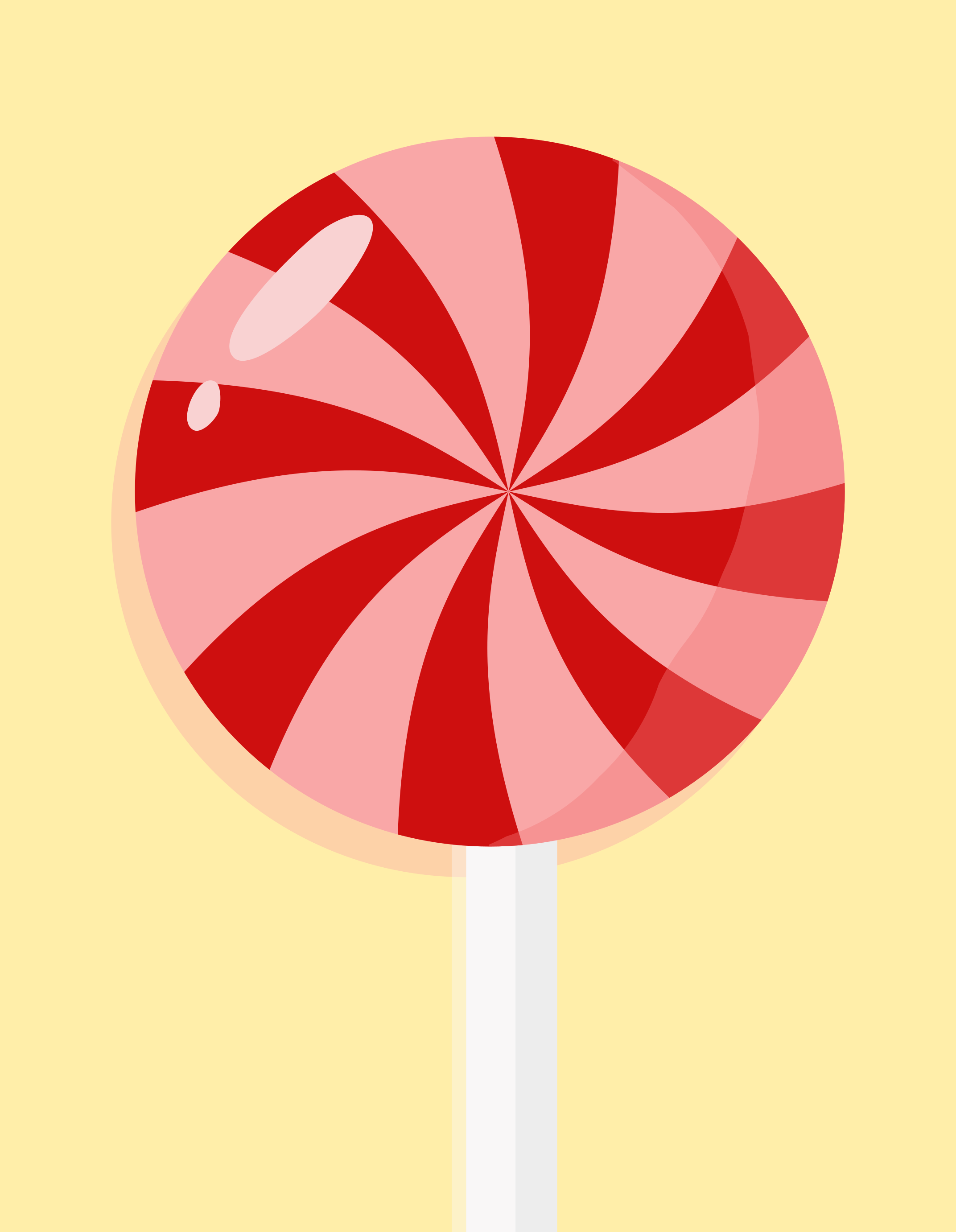 Ein rot-rosa wirbelnder Lutscher auf einem weißen Stiel.