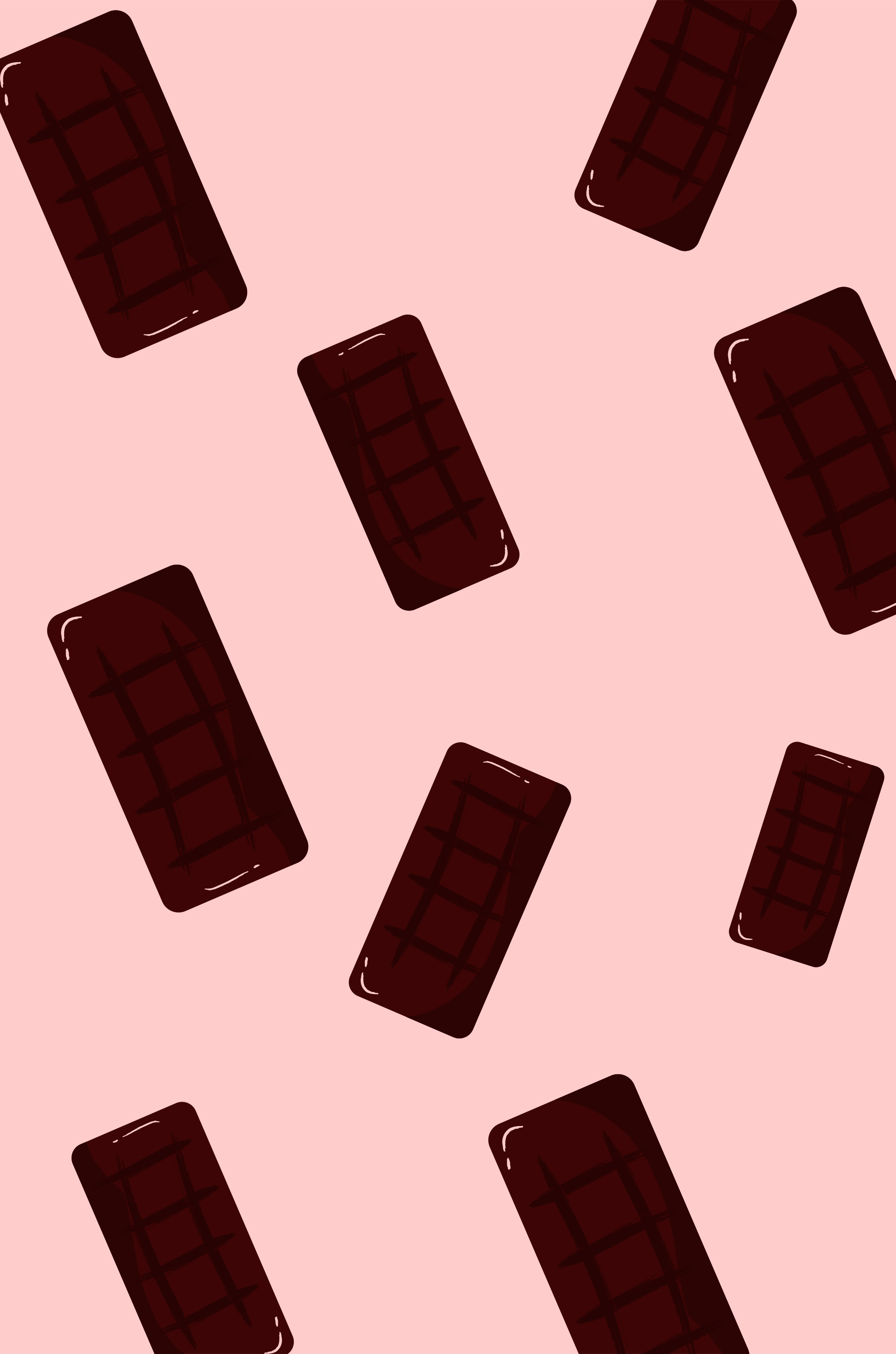 Dark chocolate bars scattered on pink background