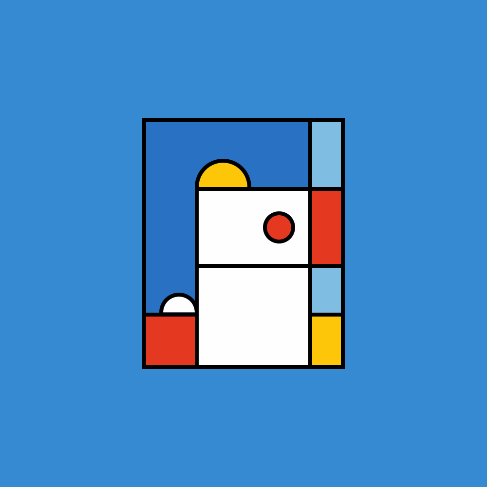 Abstract geometric design with primary colors on blue