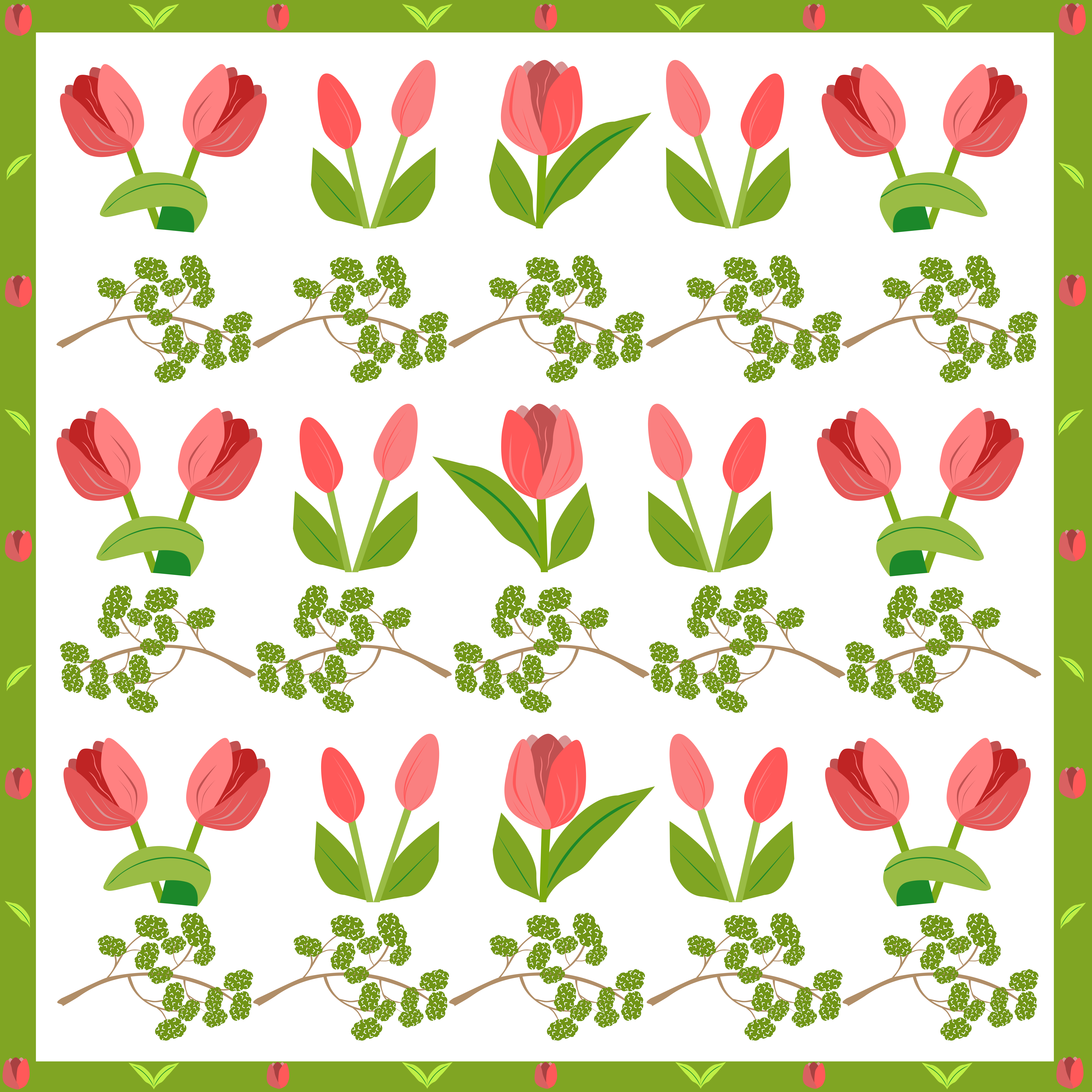 Rosa Tulpen- und grüne Blattmuster auf weißem Hintergrund