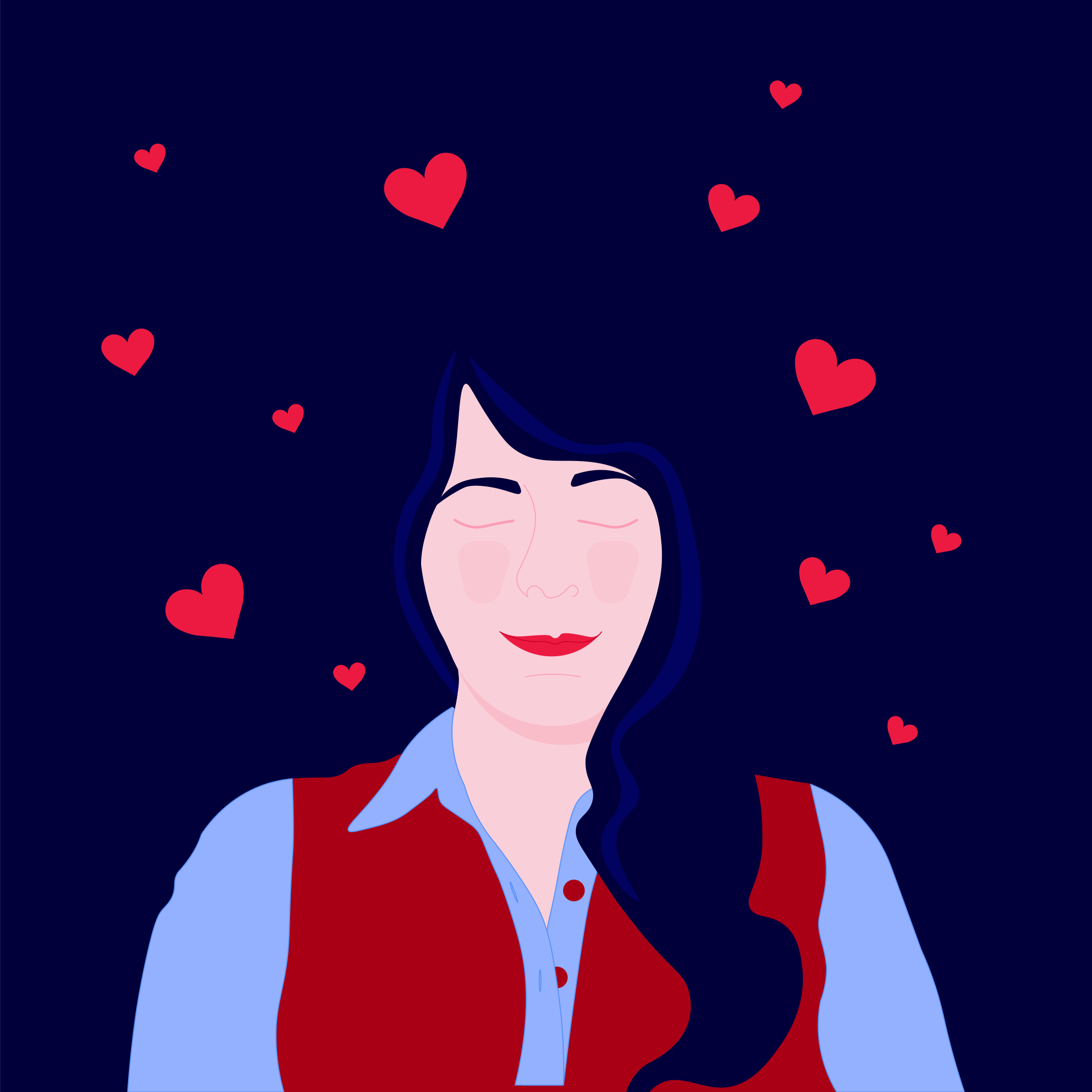 Woman surrounded by red hearts on dark background