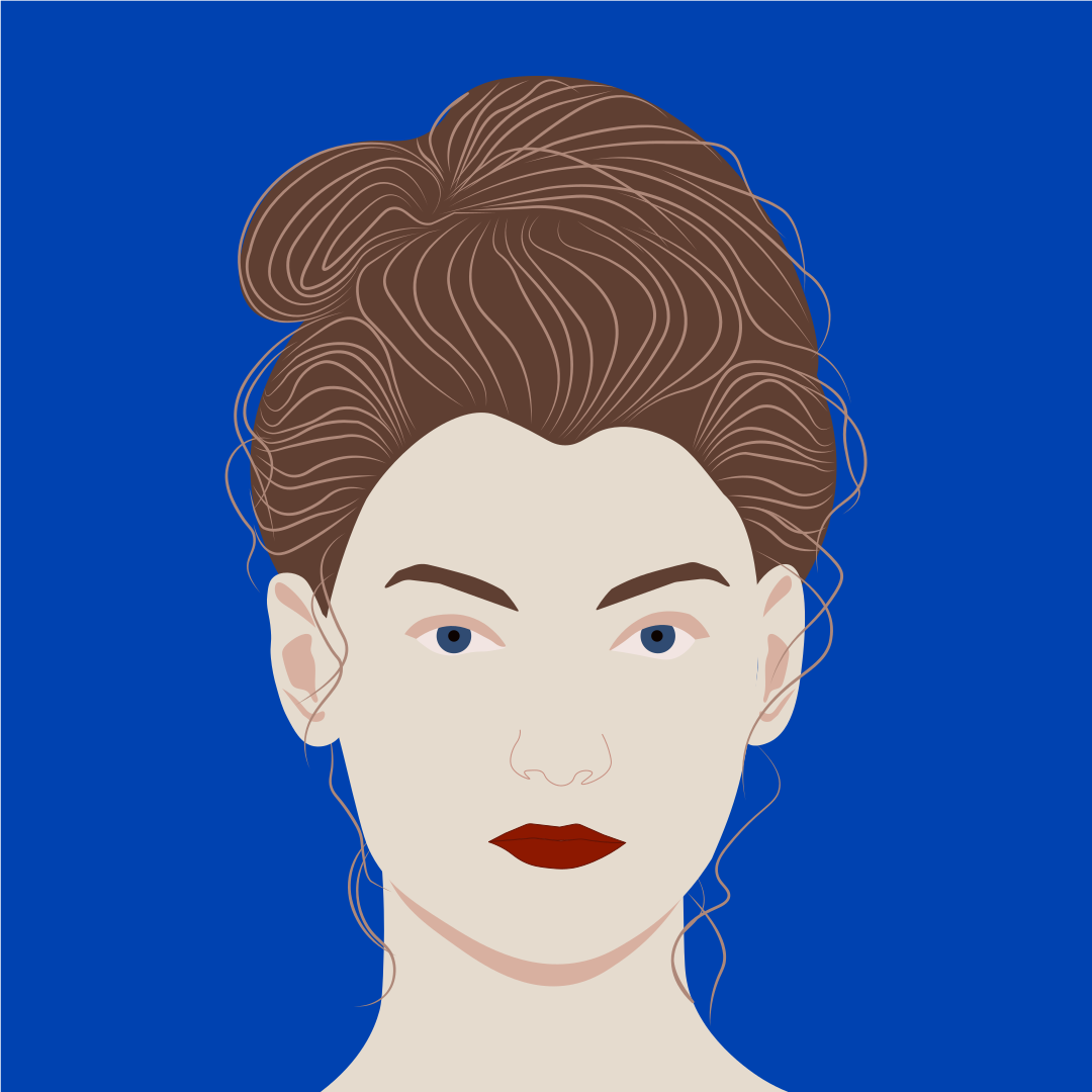 Woman with dark hair in a bun, red lips.