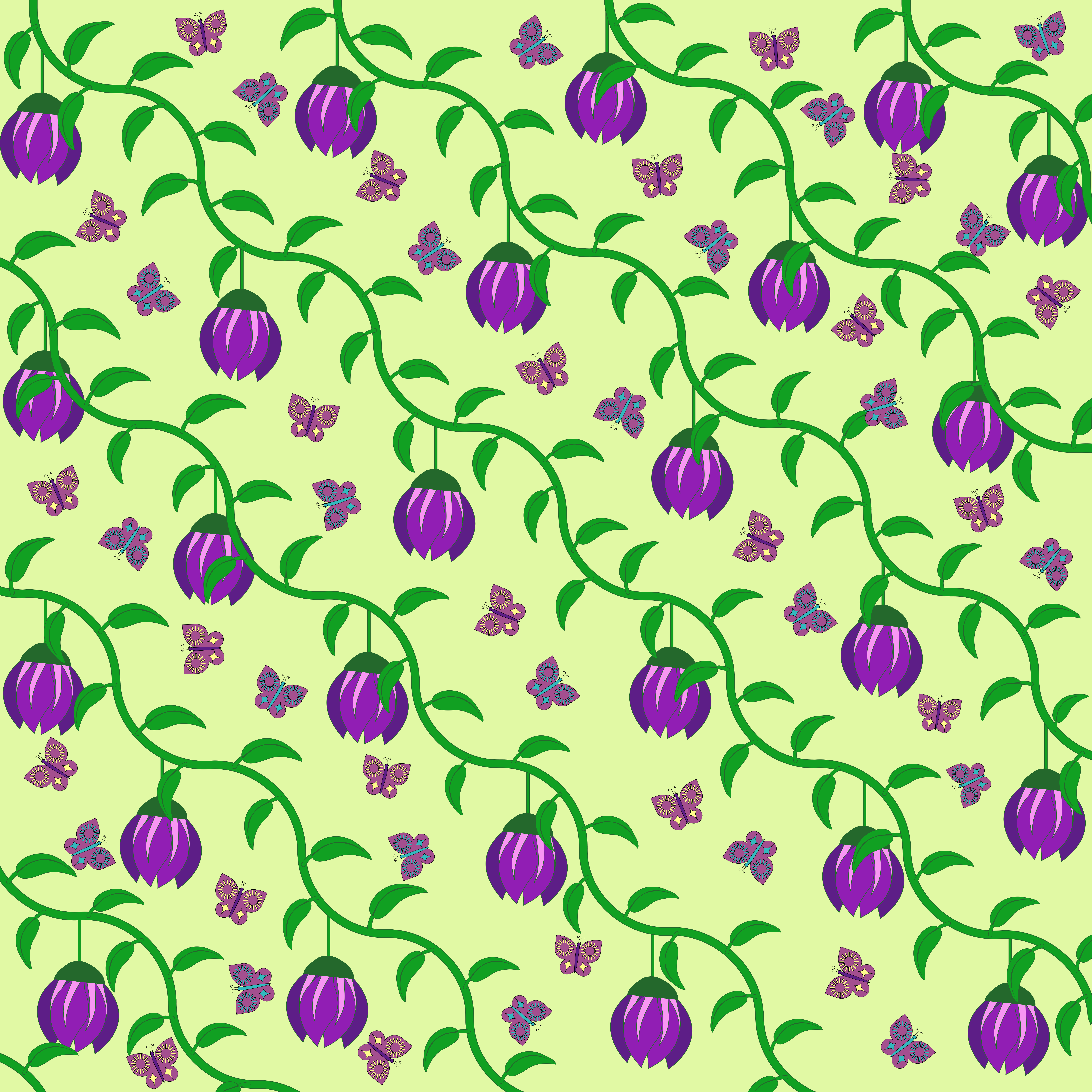 Purple flowers and butterflies on a light green background