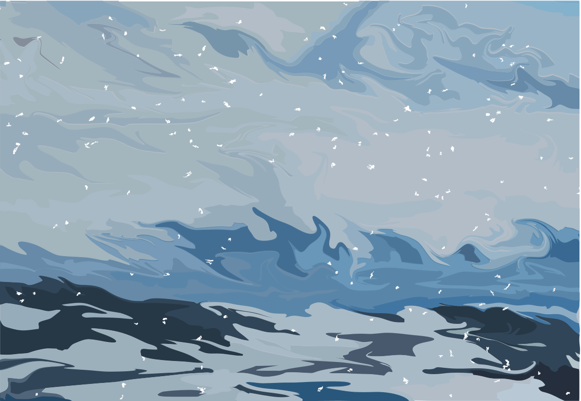 Snow falling over a dark, reflective water surface.