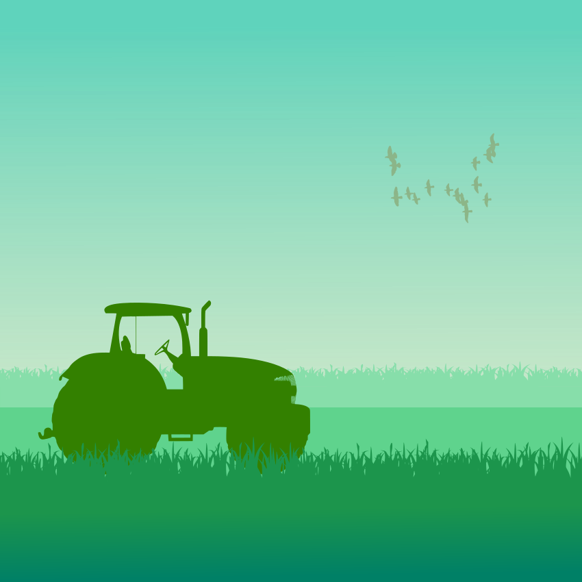 Grüne Traktorsilhouette auf einem Feld bei Tagesanbruch.