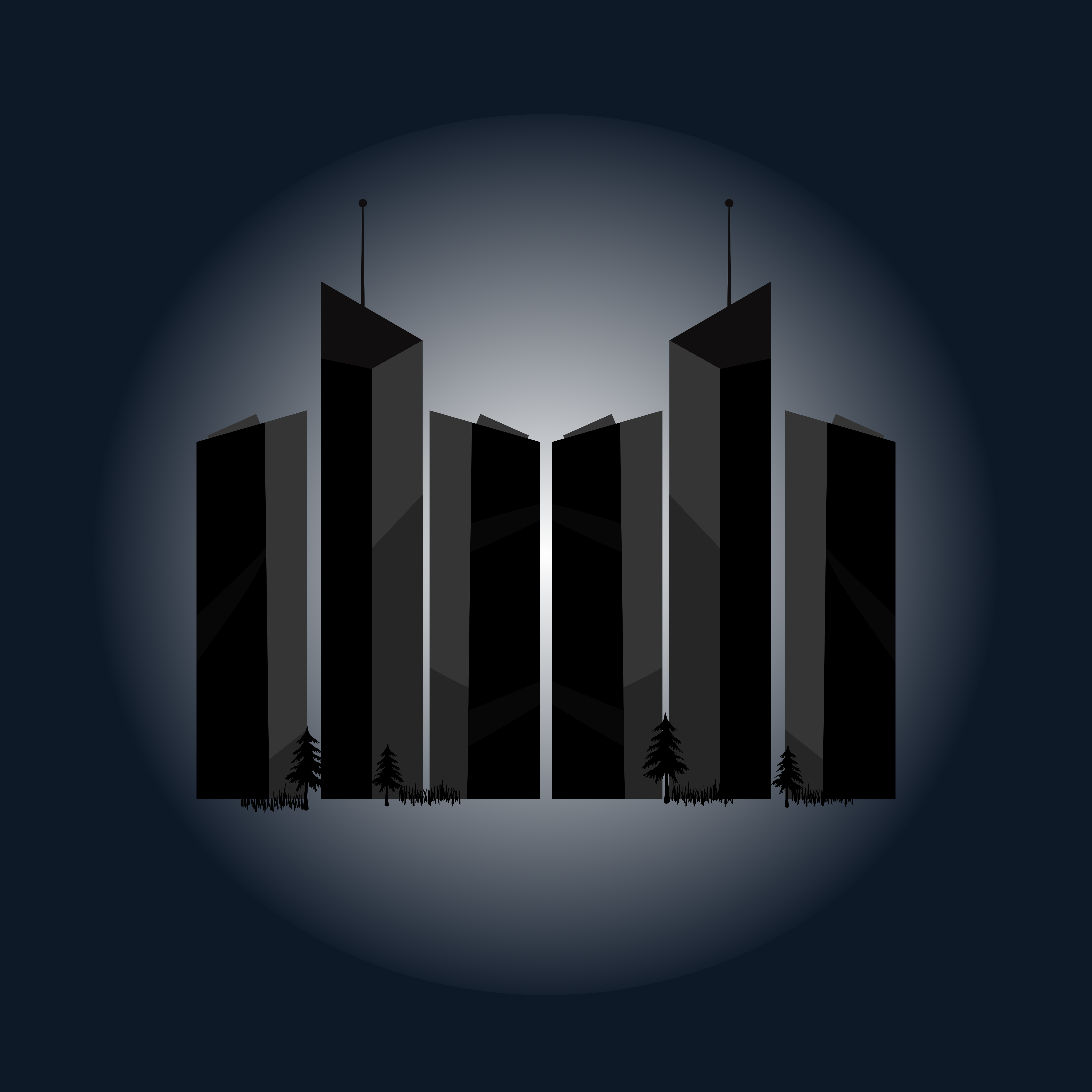 Silhouetted modern skyscrapers against a dark, spotlighted background.