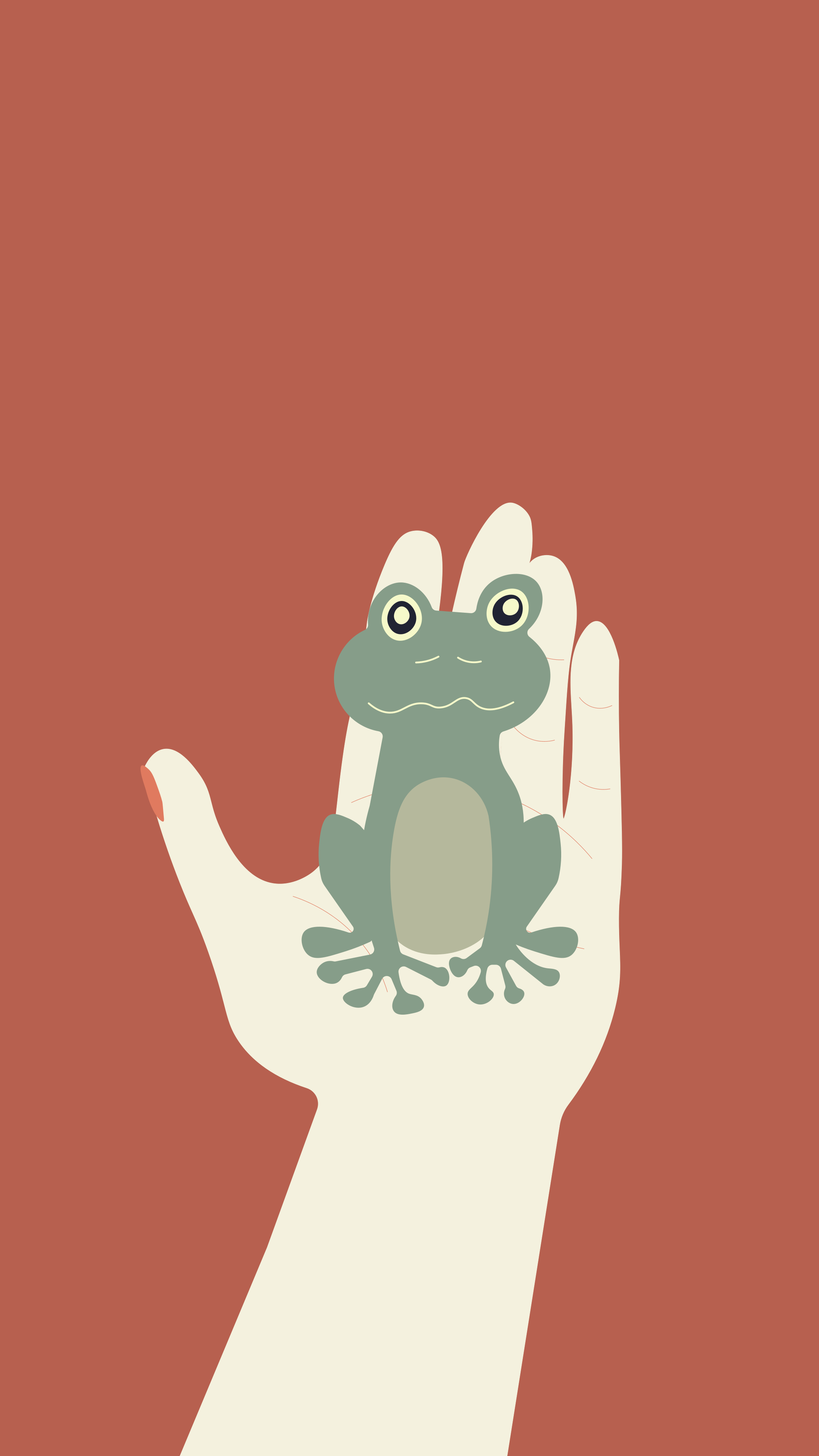 A cartoon frog sits on an open hand.