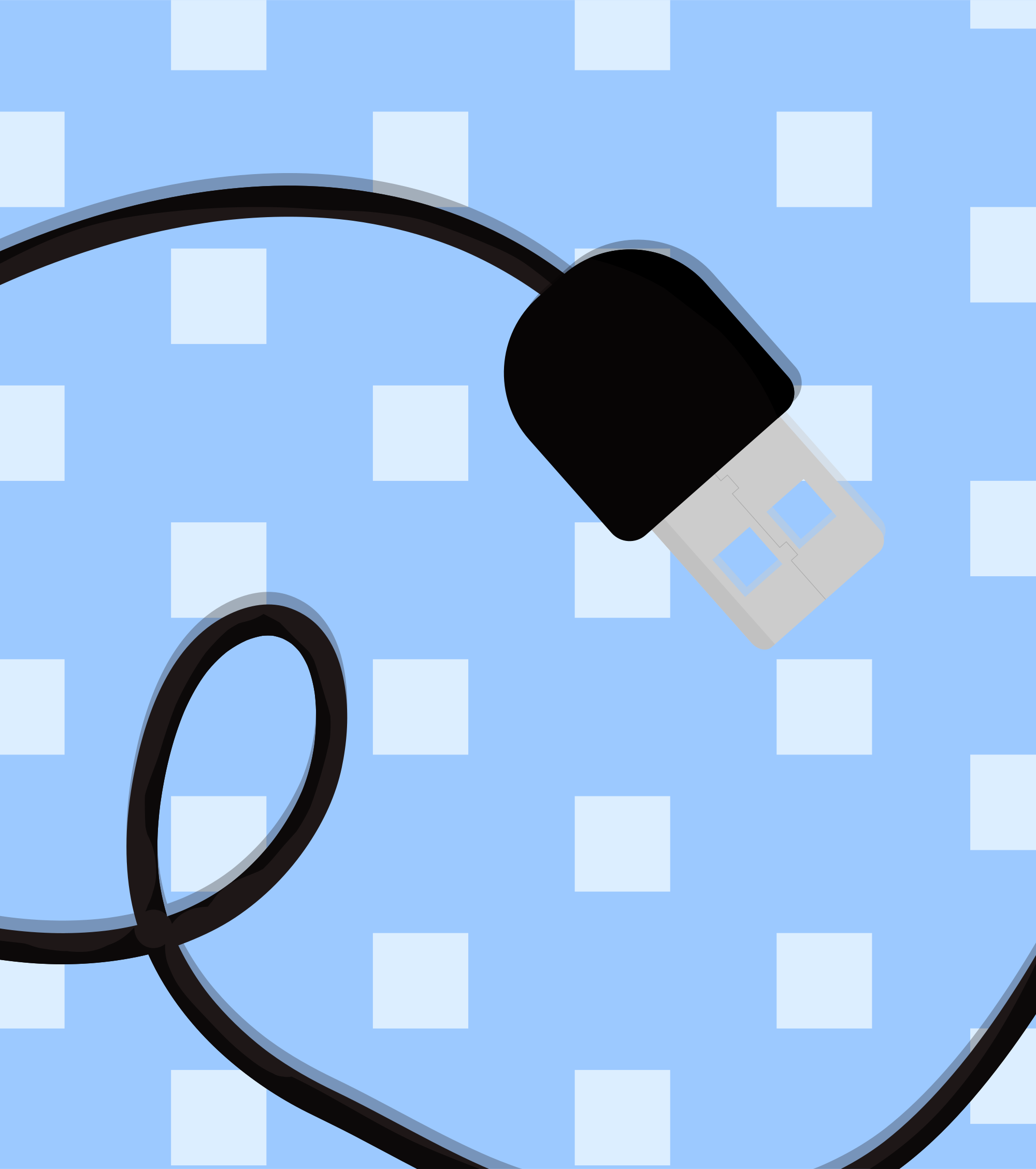 A black usb cable on a blue checkered background