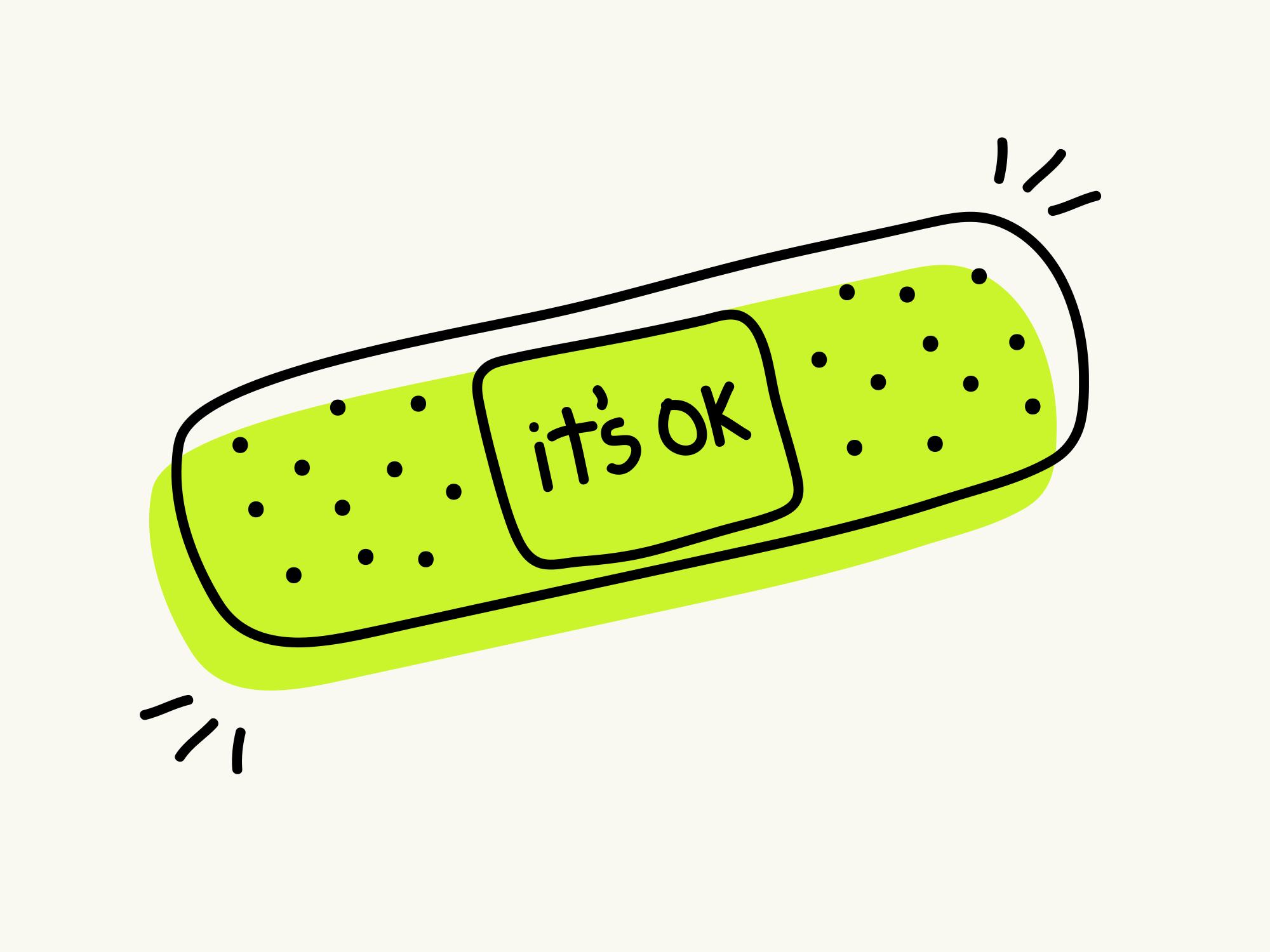 A bright green band-aid with 'it's ok' written on it.