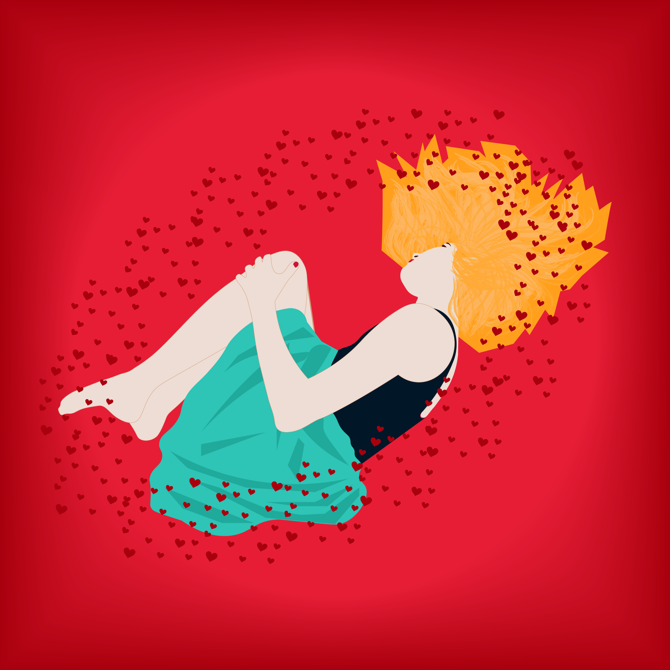 Woman with blonde hair and hearts on red background