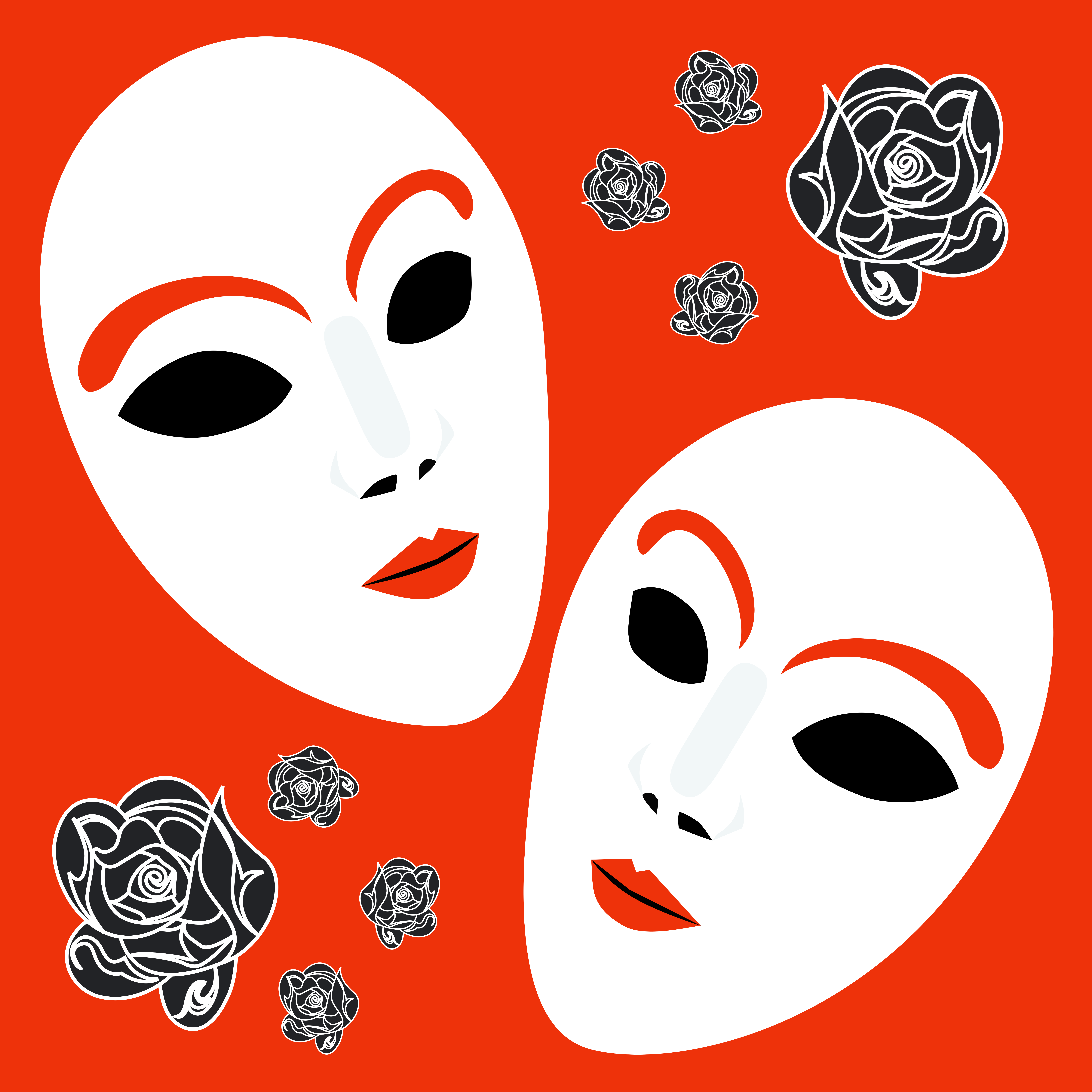 Two white masks with red accents and black roses
