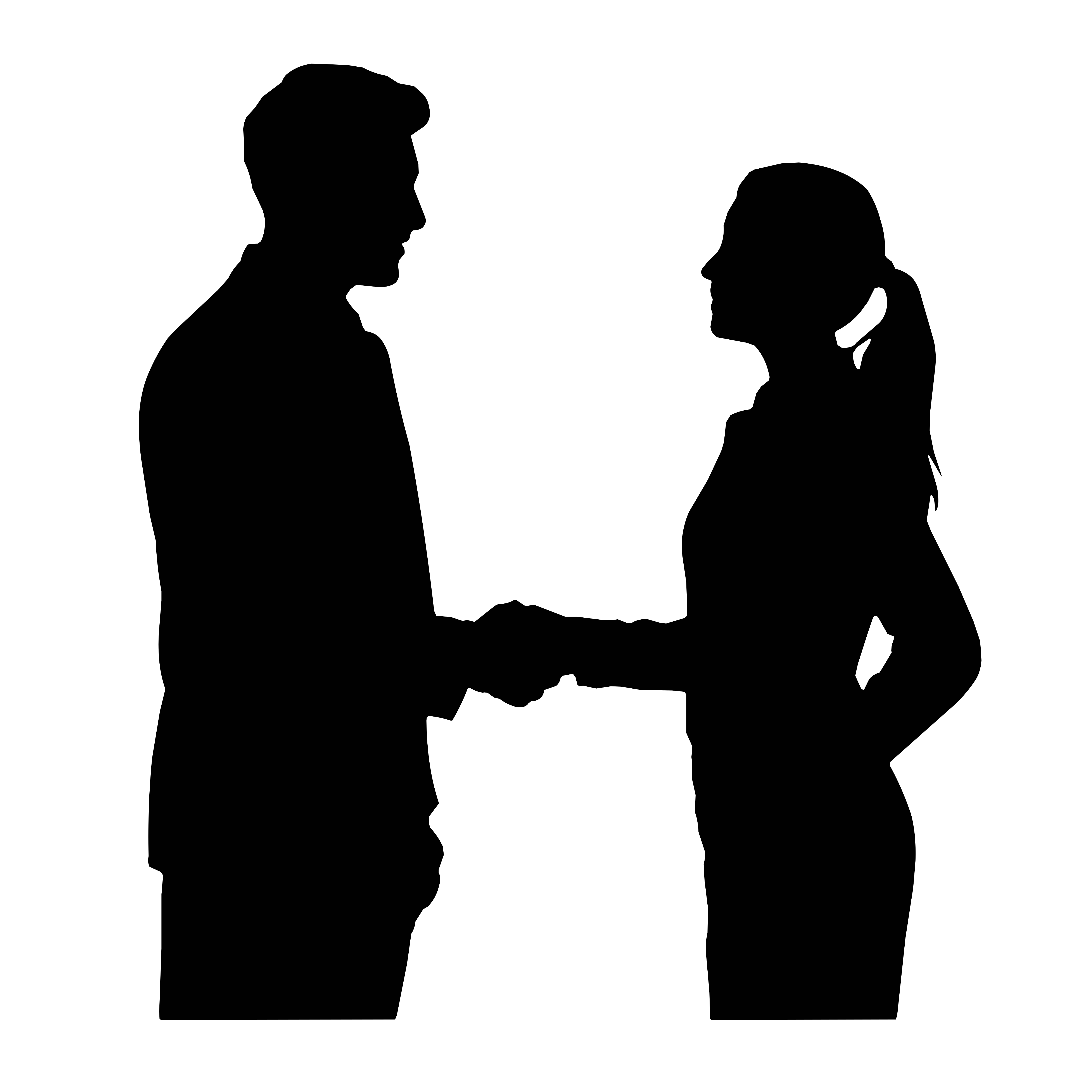 Silhouettes of a man and woman shaking hands.